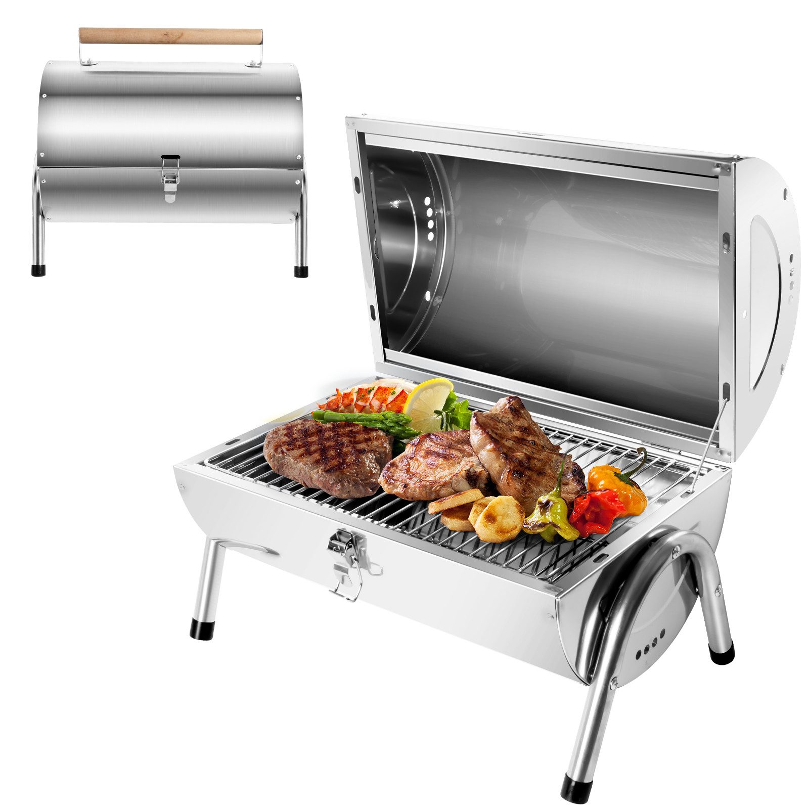 SunJas Holzkohlegrill Edelstahl CA-S22A Tragbarer Klappgrill Doppelgrillfläche 34 x 21,5 cm, Edelstahl Tischgrills Campinggrill  Reisegrill  Koffergrill 