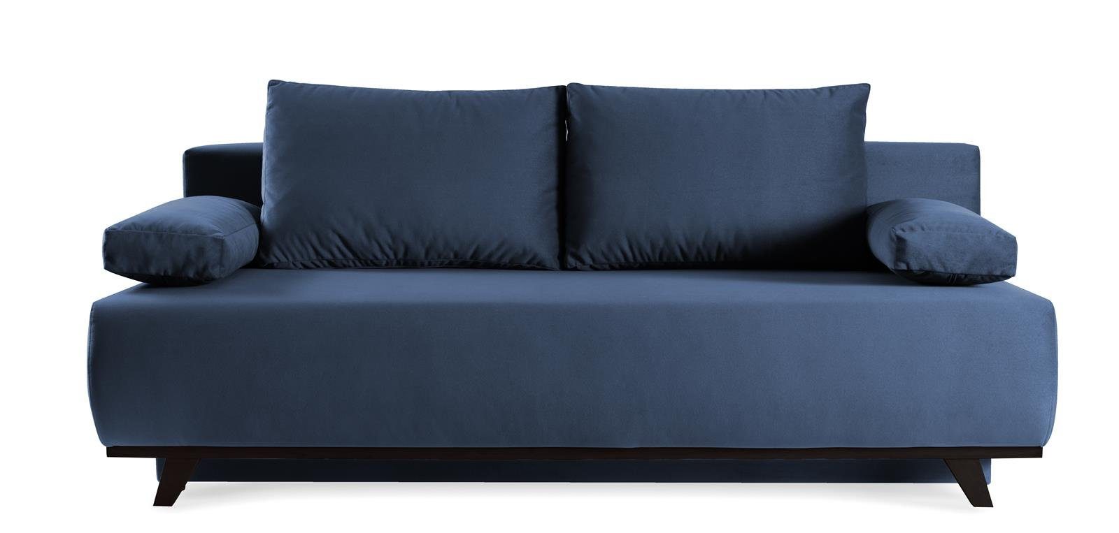 (mono Velours, Wolly, modernes Polstersofa im x 140 Sofa Bettkasten,Holzbeine, Liegefläche mit Wohnzimmer, für 200 242) Stil Blau cm, Beautysofa Schlafsofa aus