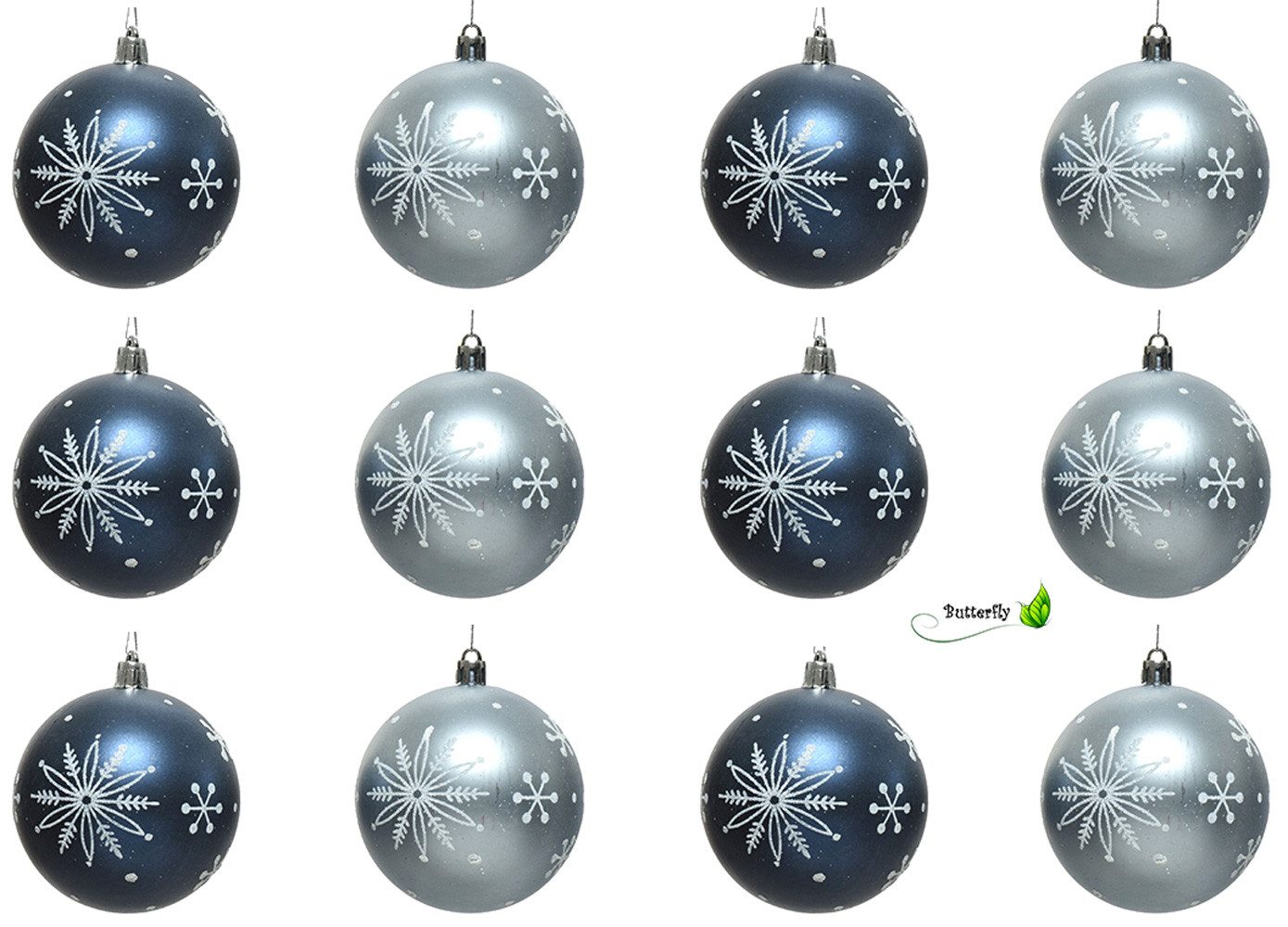 Kaemingk Weihnachtsbaumkugel, Weihnachtskugeln Kunststoff Muster Schneeflocken 8cm blau Mix, 12 Set
