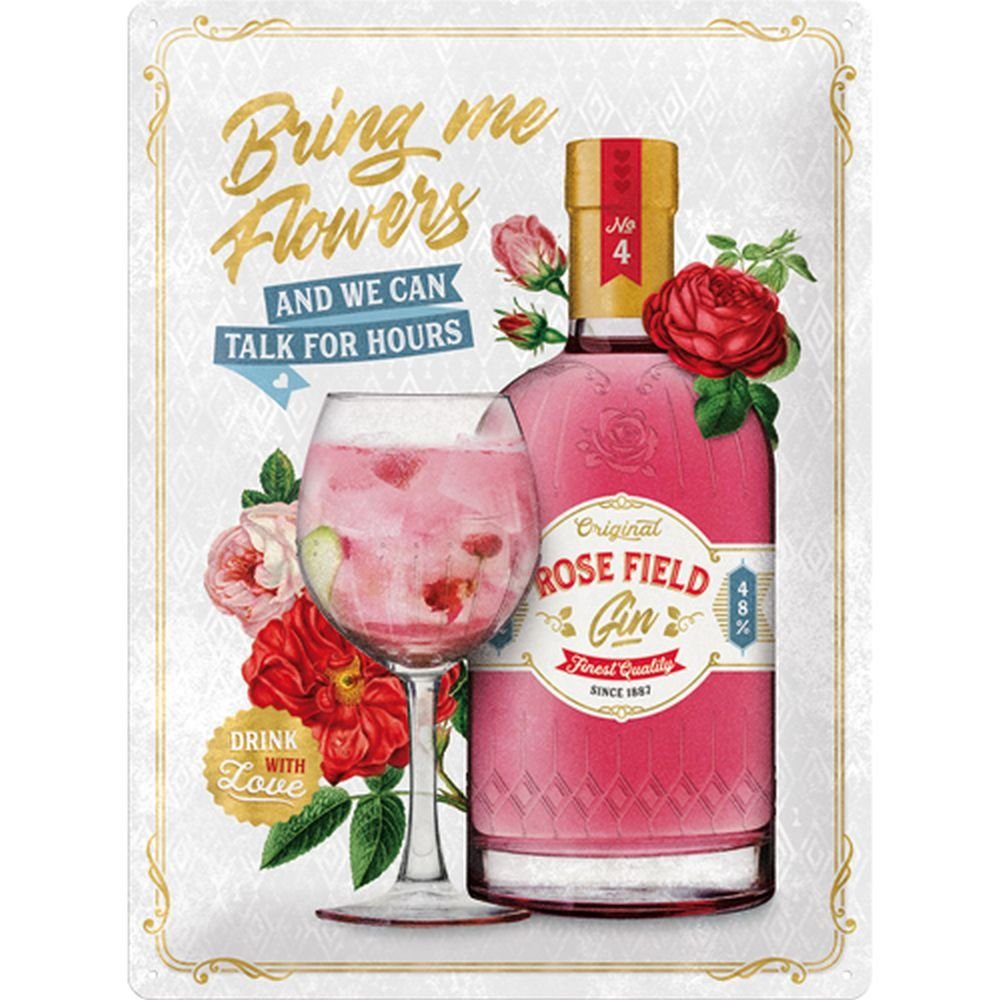 Metallschild Blechschild 30 x 40 cm - Open Bar - Pink Gin Flowers