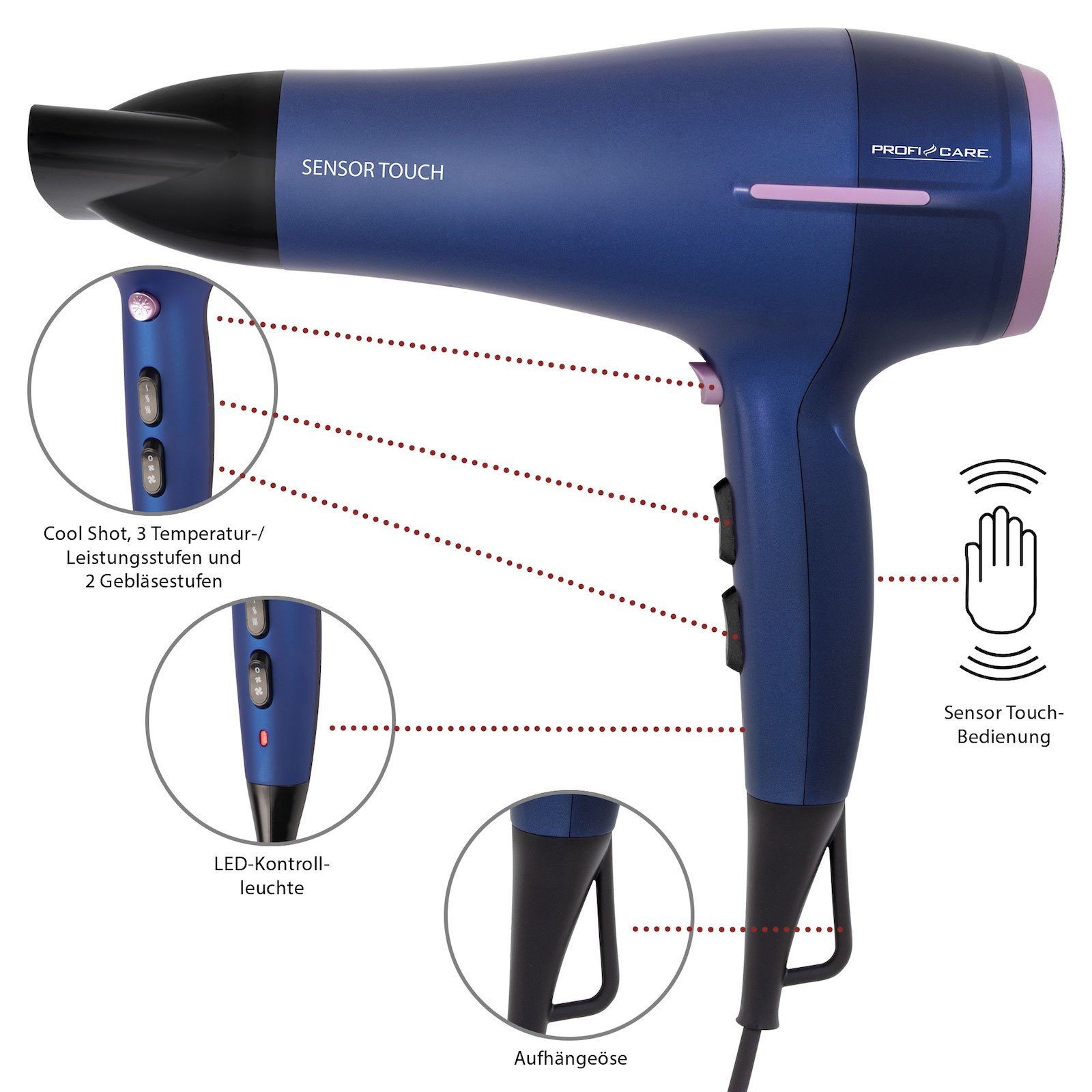ProfiCare Haartrockner PROFICARE Haartrockner Föhn Ionic 2200 Watt Sensor-Touch HTD 3030 blau