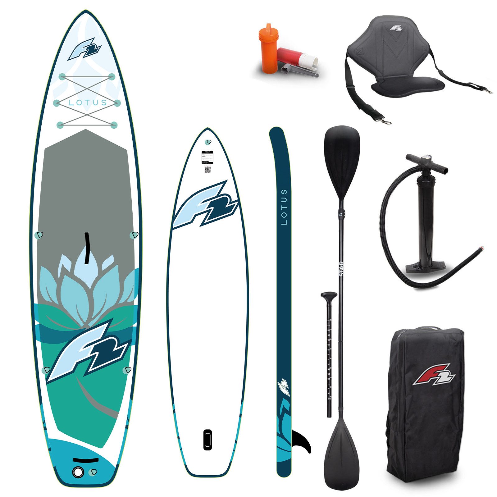 SUP-Board F2 Set Damen Stand Up Paddle Board Lotus Blau 10,2 + Kajak Zubehör Pak