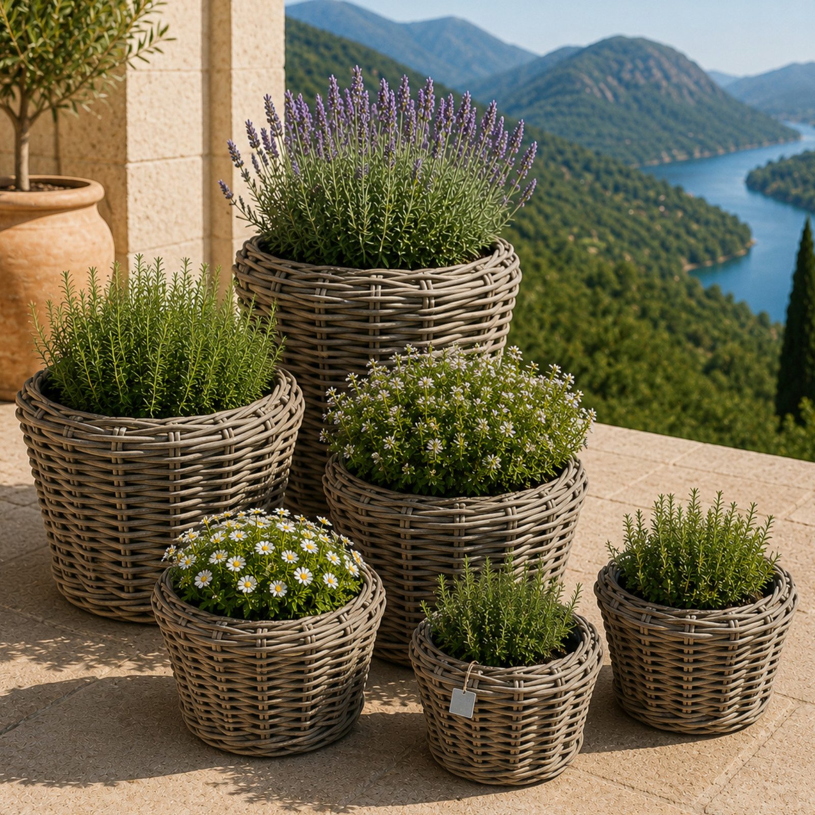 Van der Leeden Blumentopf Pflanzkorb Pflanzentreppe Rattan Korb Pflanzkübel (Set, 6 St., Packung), 6tlg, 6 Größen, Rattan, Handmade, ohne Wasserablauf