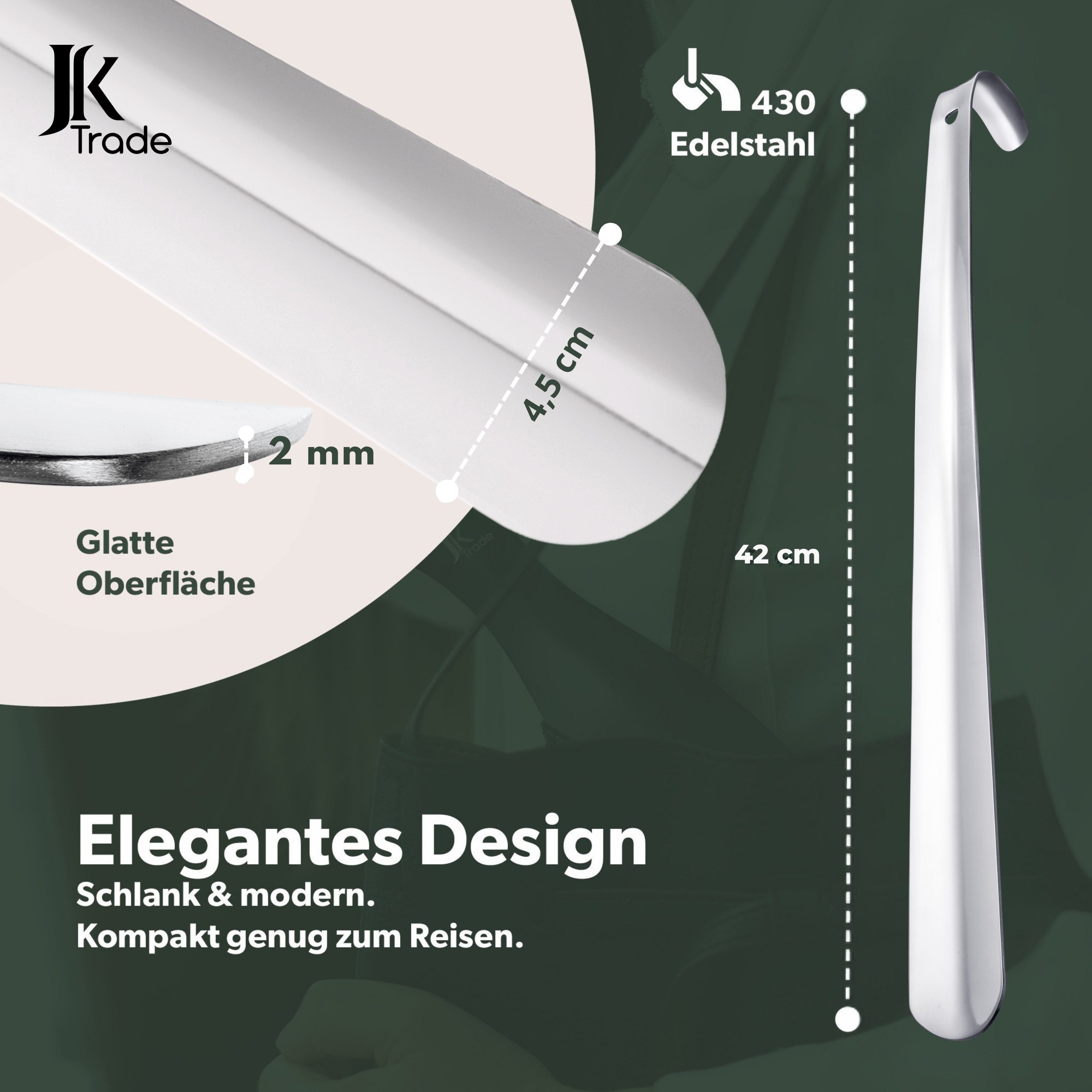 JK Trade Schuhlöffel 42cm Edelstahl poliert (1-tlg., lang & stabil), Metall Schuhanzieher lang zum Stehen, Aufhängbar, 2mm Extra Stabil