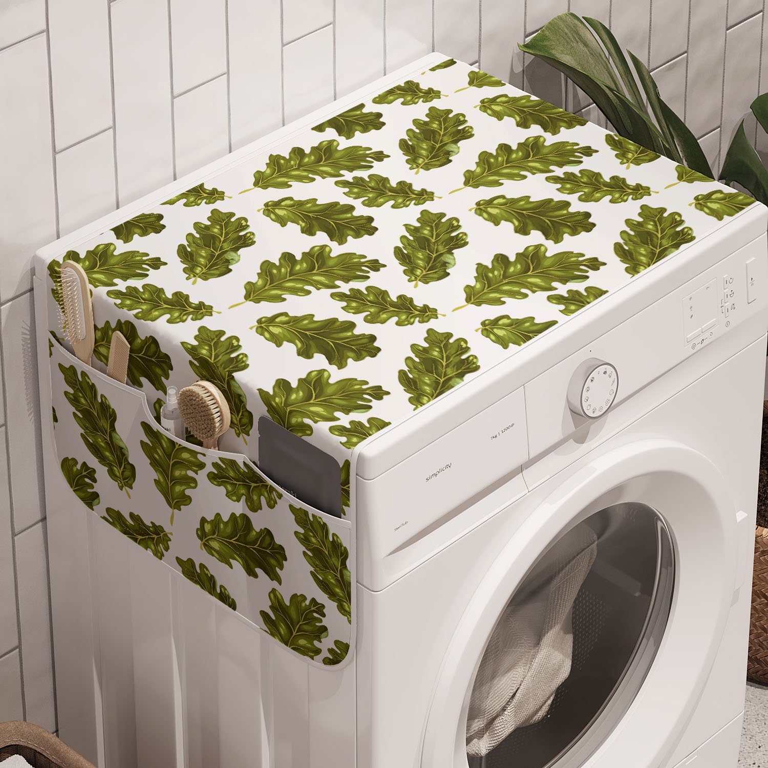 Abakuhaus Badorganizer Anti-Rutsch-Stoffabdeckung für Waschmaschine und Trockner, Herbst Grüne Eichen-Blätter auf Saison