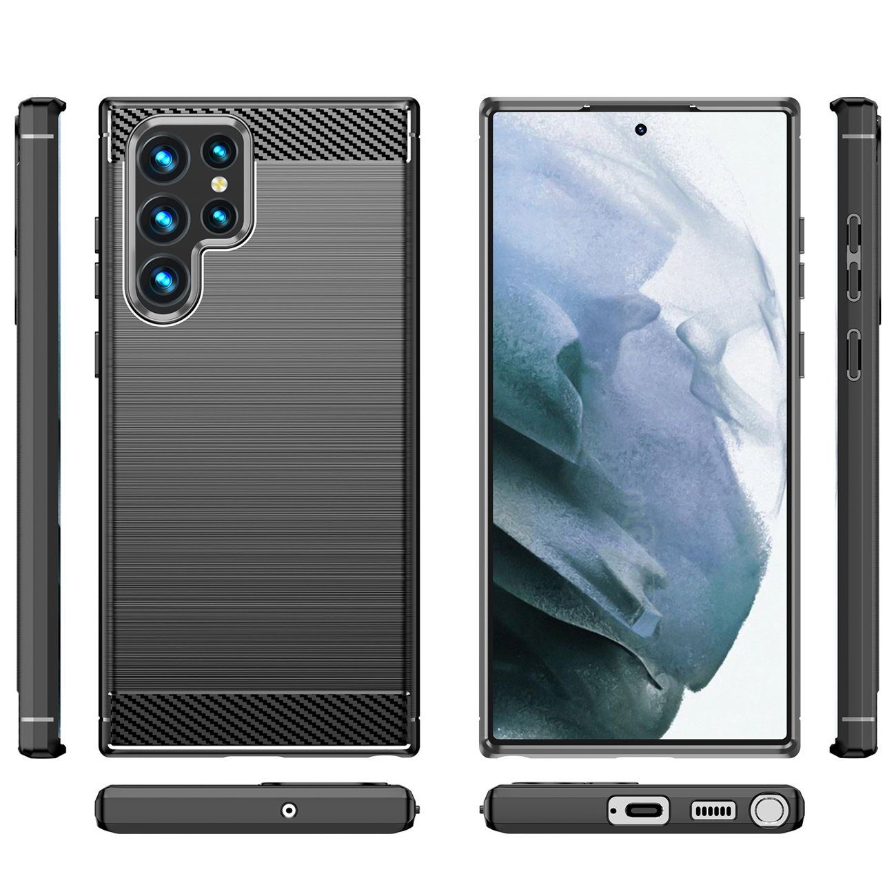 MSM Handyhülle Hülle für Samsung Galaxy S22 / Plus / Ultra 5G Schwarz Carbon Optik