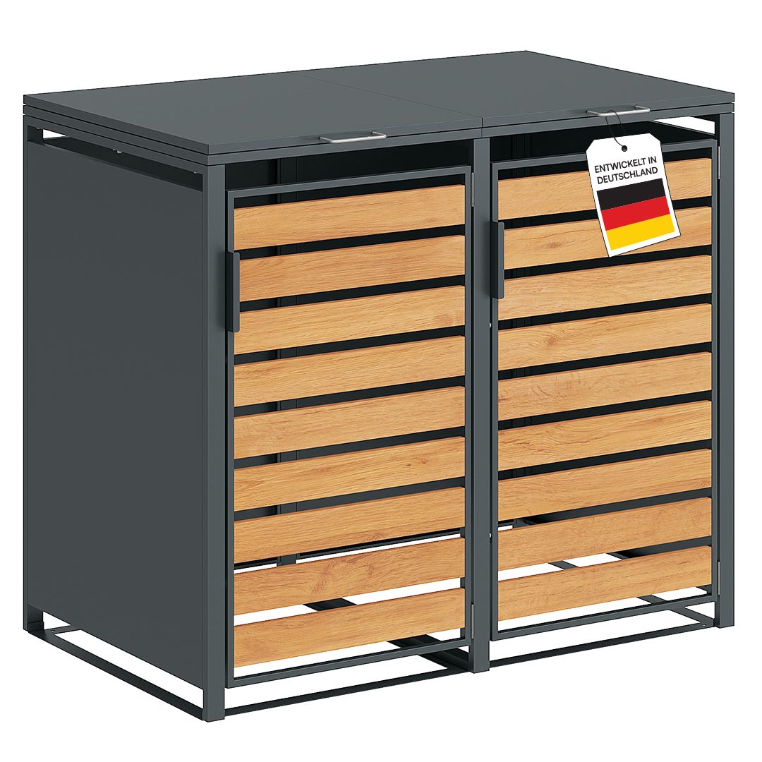 STEELSØN Mülltonnenbox Kestra 120L aus verzinktem Stahl (Anthrazit/Holz, Für 2 Tonnen), verfügbar mit 1, 2, 3, 4 oder 5 Türen, mit Sichtstreifen Holzoptik