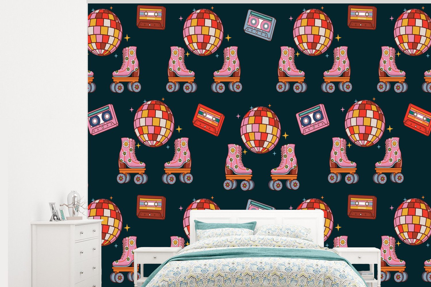 MuchoWow Fototapete Rollerskates - Muster - Disco, Matt, bedruckt, Montagefertig Vinyl Tapete, Wandtapete, 275x220 cm