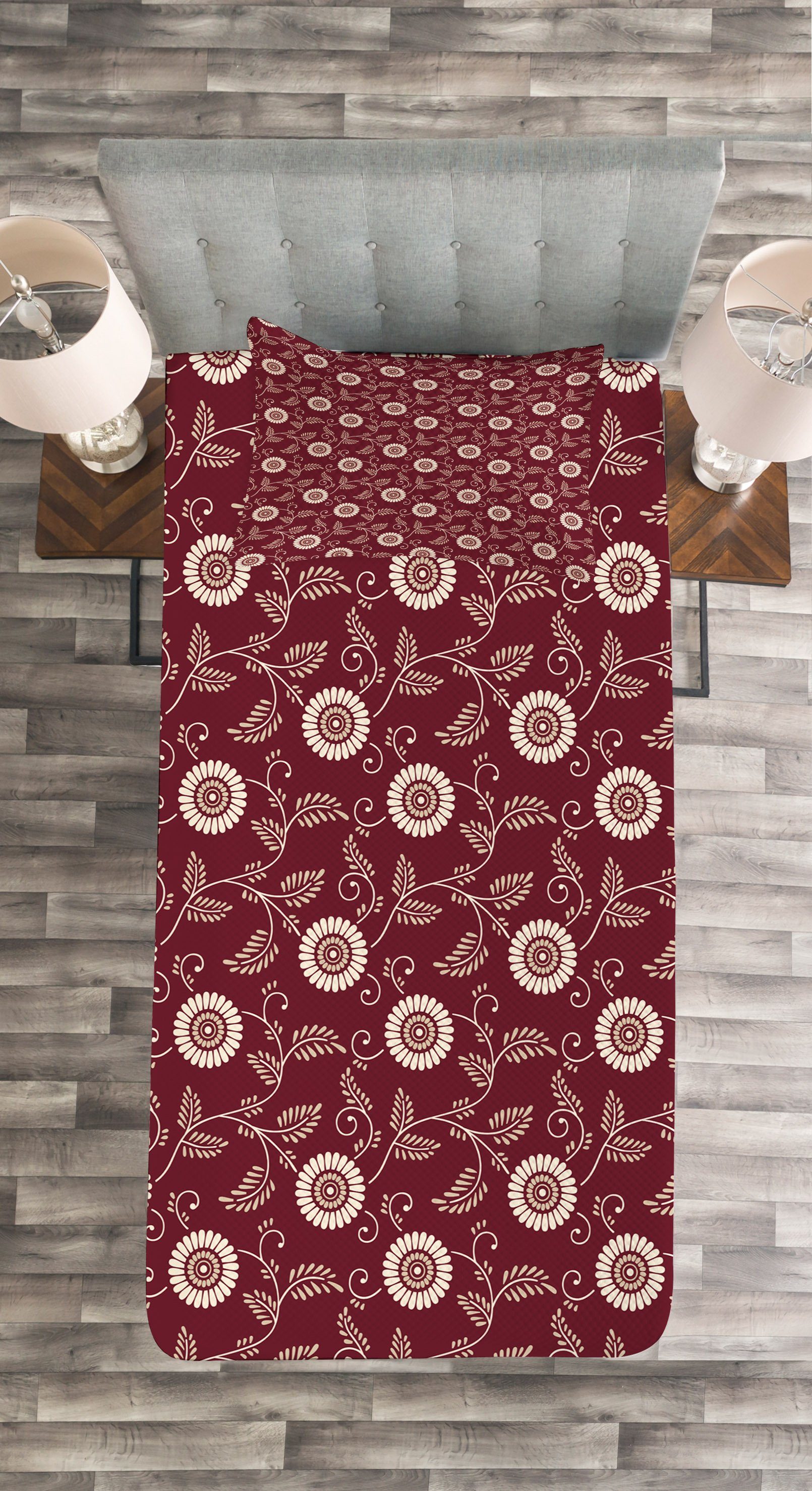 Waschbar, Kastanienbraun Floral Bicolor mit Kissenbezügen Grafik-Design Abakuhaus, Tagesdecke Set