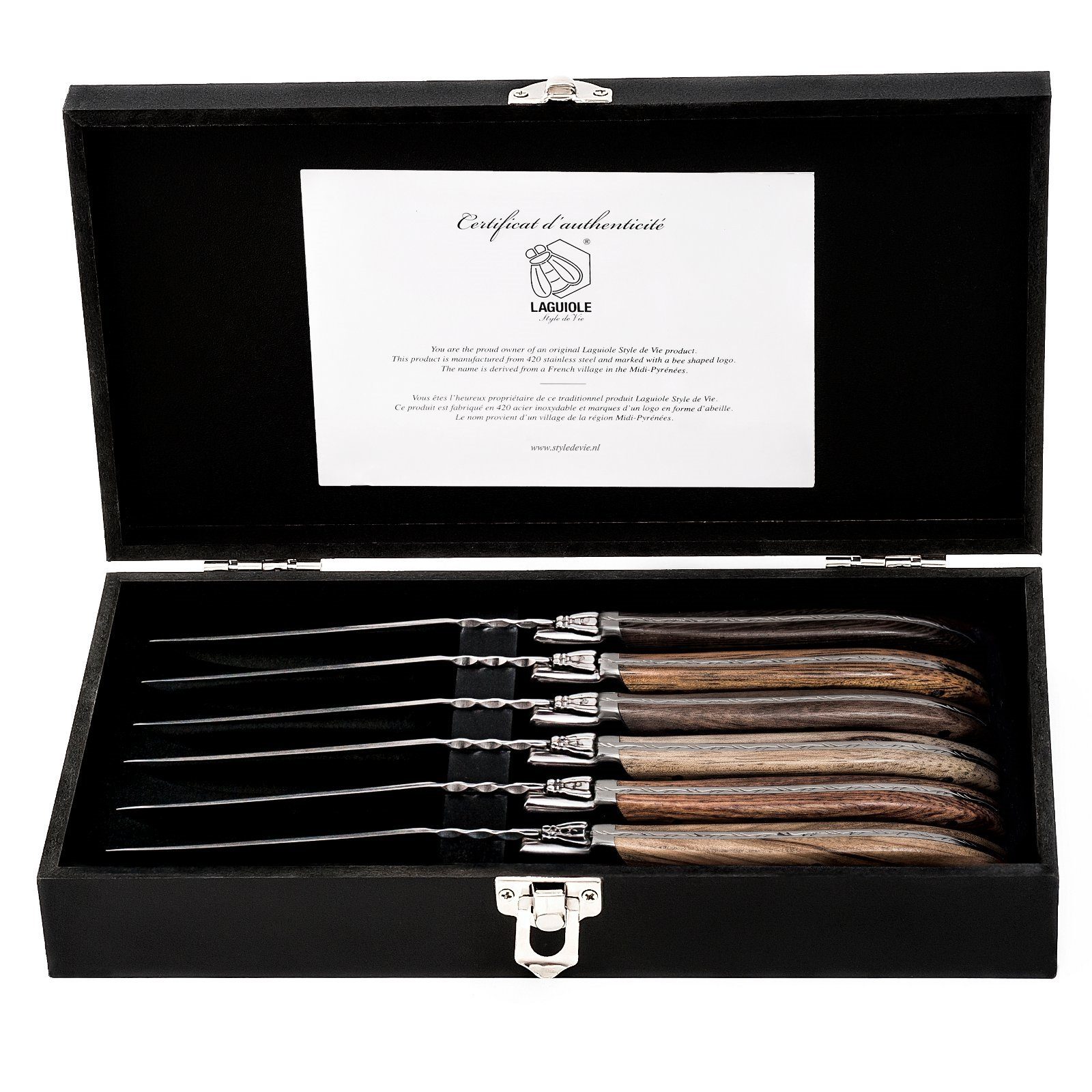 Laguiole Style de Vie Стейк ножи LAGUIOLE STEAKMESSER "MISCHHOLZ", 6 Holzarten, 6 Ножи im Etui