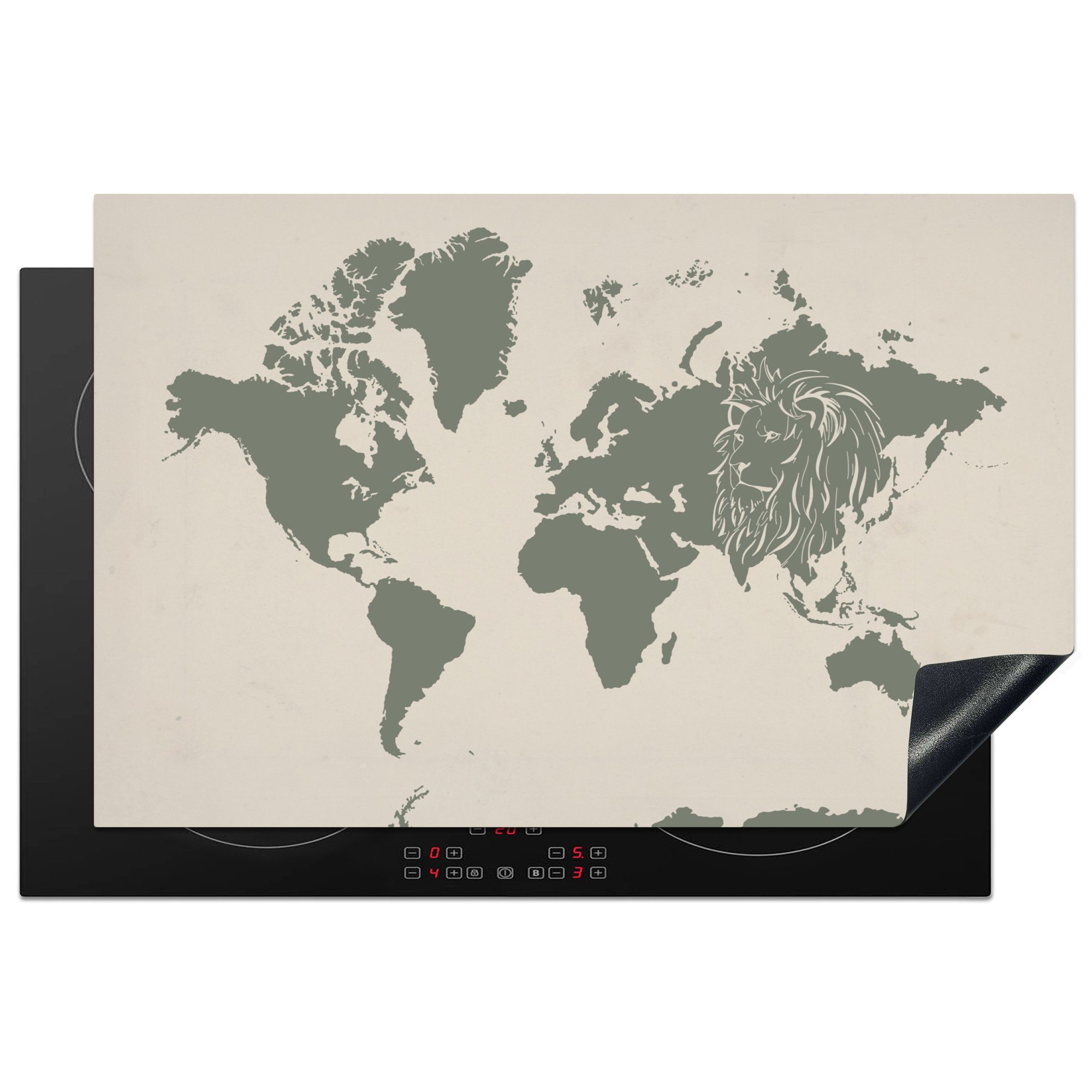 MuchoWow Herdblende-/Abdeckplatte Weltkarte - Tiere - Löwe, Vinyl, (1 tlg), 81x52 cm, Induktionskochfeld Schutz für die küche, Ceranfeldabdeckung