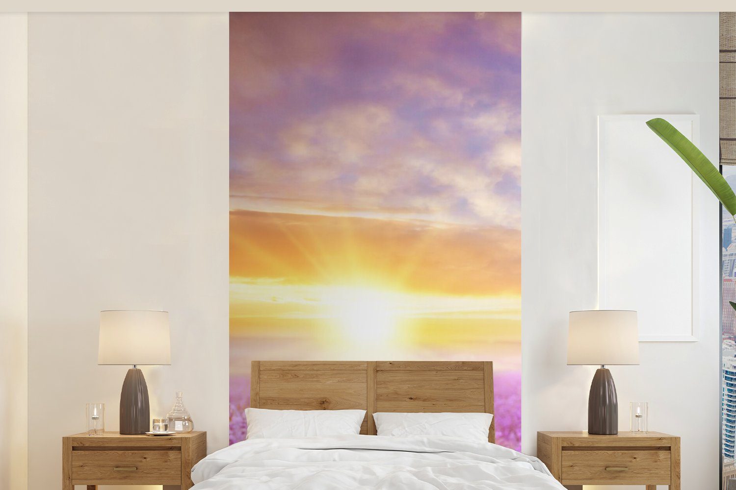 MuchoWow Fototapete Lavendel - Sonne - Himmel - Natur, Matt, bedruckt, (2 St), Vliestapete für Wohnzimmer Schlafzimmer Küche, Fototapete