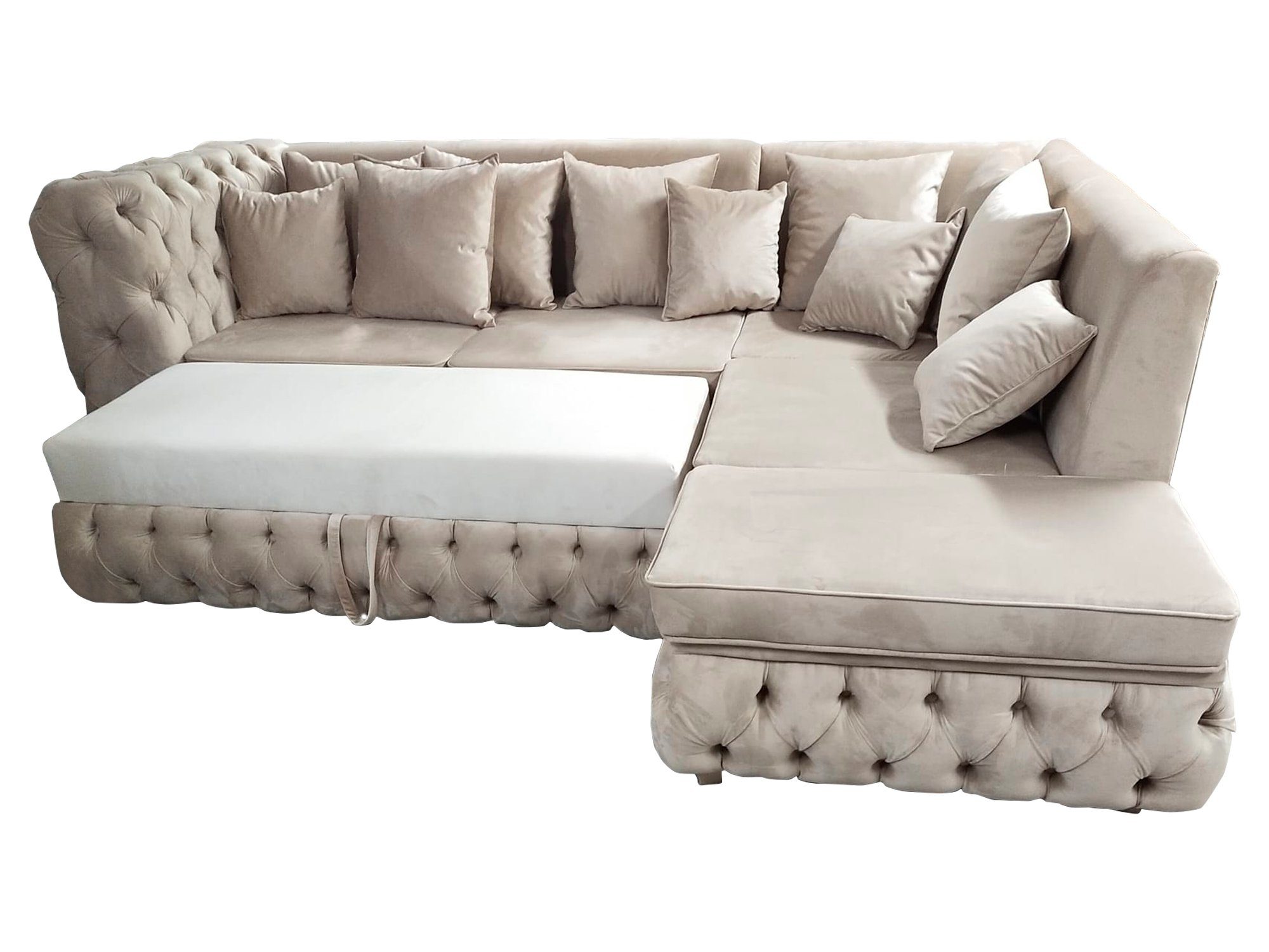 Chesterfield Made in Bettfunktion Ecksofa JVmoebel Beiges Textil, L-Form Ecksofa Europe Mit Couch