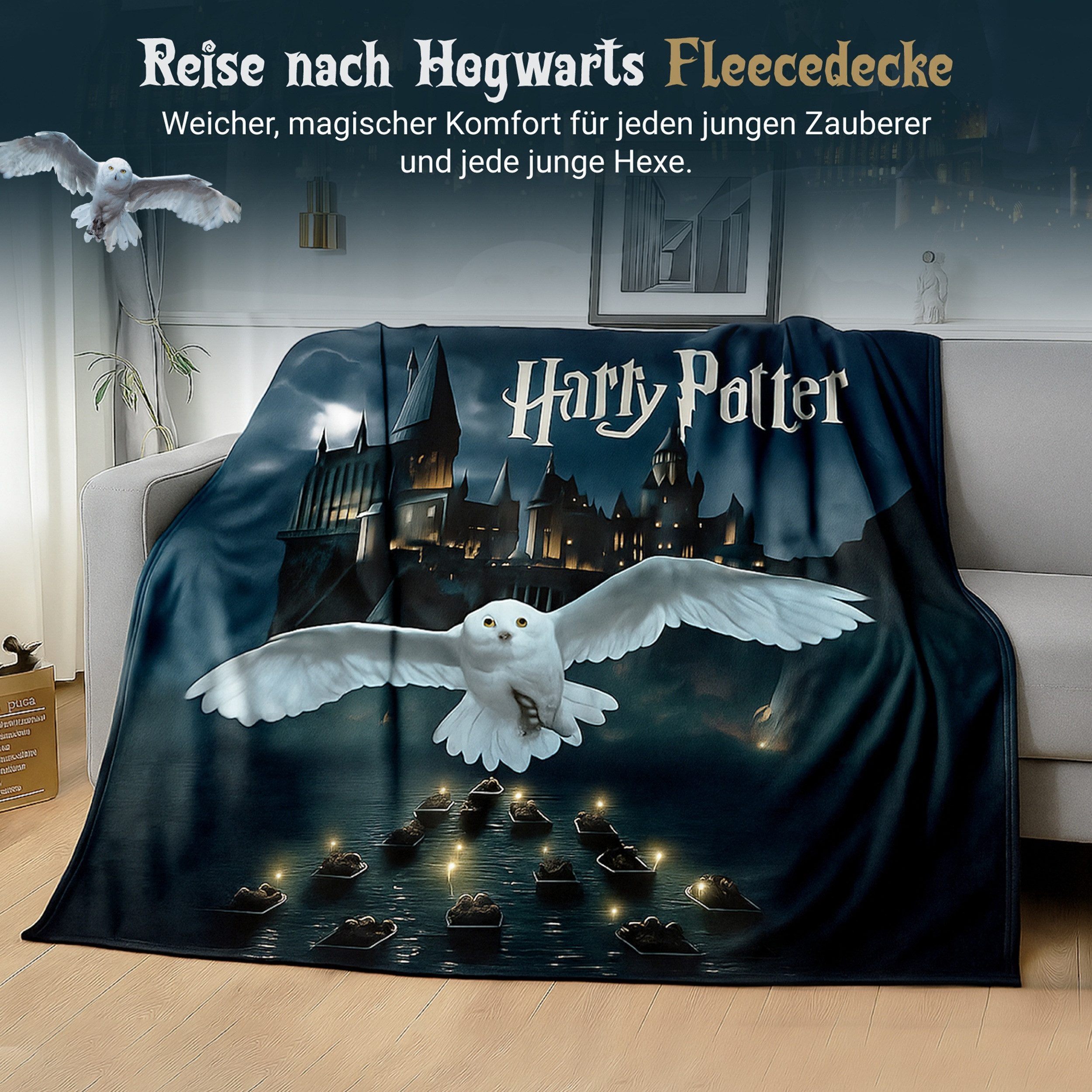 Kinderdecke Super flauschige Harry Potter Kuscheldecke Motiv "Hedwig" 150x200 cm, Familando, mit Schriftzug und Zauberschule Hogwarts – Bild 5 von 5