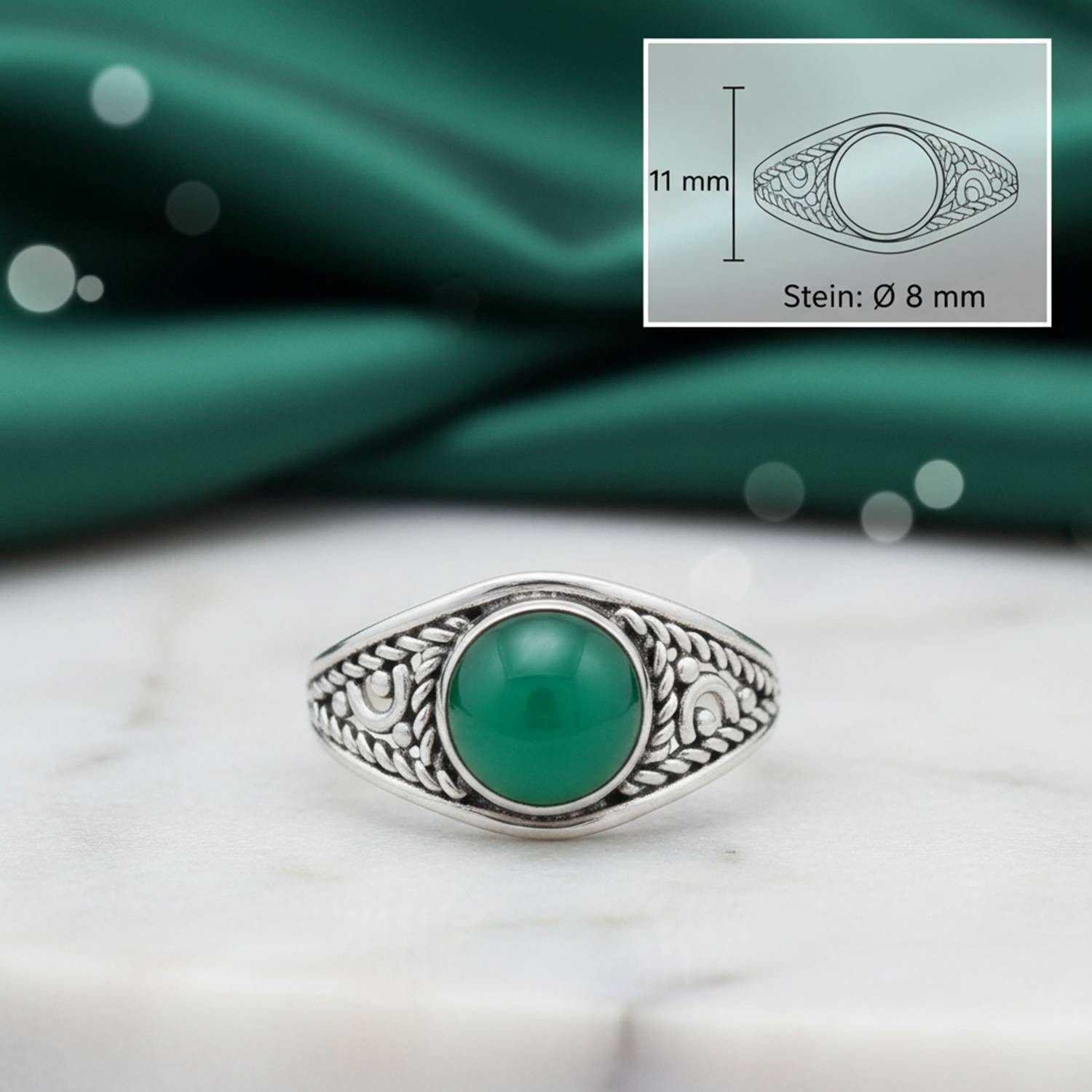 mantraroma Silberring DAHAB rund aus 925 Silber mit grünen Onyx (Ring mit Schmuckbeutel), Damenring aus 925er Silber