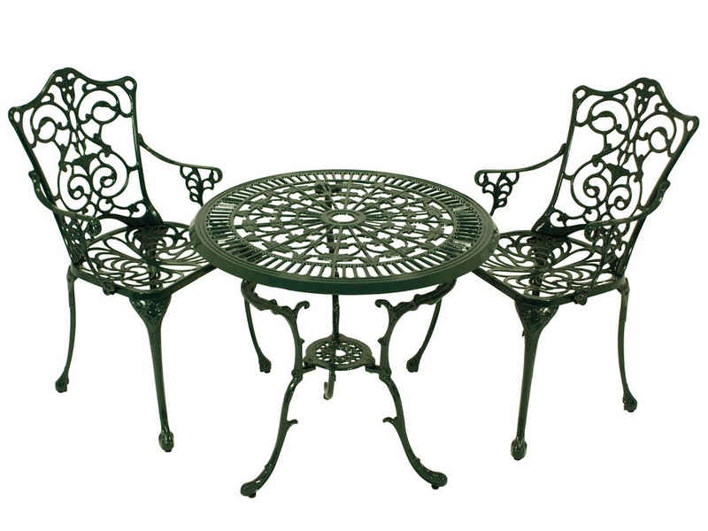 DEGAMO Garten-Essgruppe Jugendstil, (3-tlg), (2x Sessel, 1x Tisch 70cm rund), Aluguss rostfrei, Farbe dunkelgrün