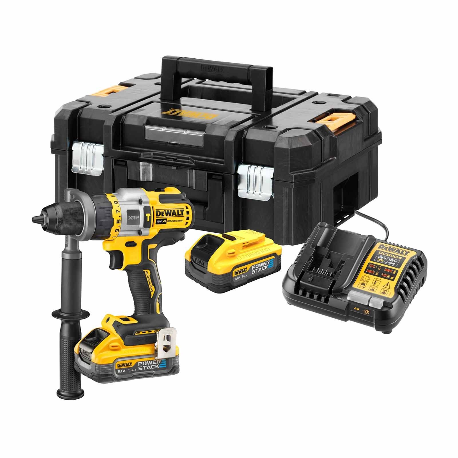 DeWalt Akku-Schlagbohrschrauber Akku-Schlagbohrschrauber DCD999H2T 18V 5Ah  Powerstack, inkl. Ladegerät & 2x Akku, Inkl. 2x 5Ah Akku, Ladegerät,  Zusatzhandgriff, Gürtelhaken, T-Stak-Box