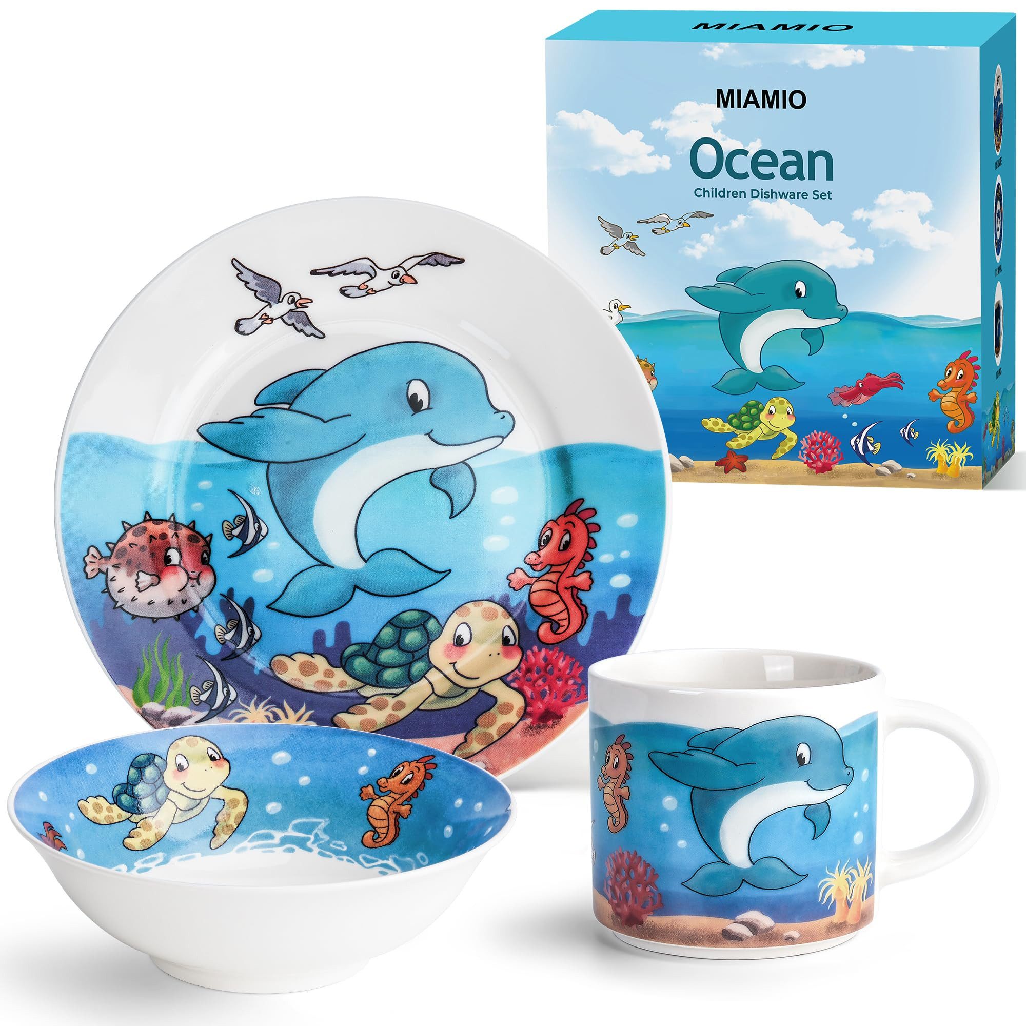 MiaMio Kindergeschirr-Set 3er-Set Kindergeschirr/Porzellan inkl. Teller, Schüssel und Tasse Ocea (3-tlg), 1 Personen, Porzellan