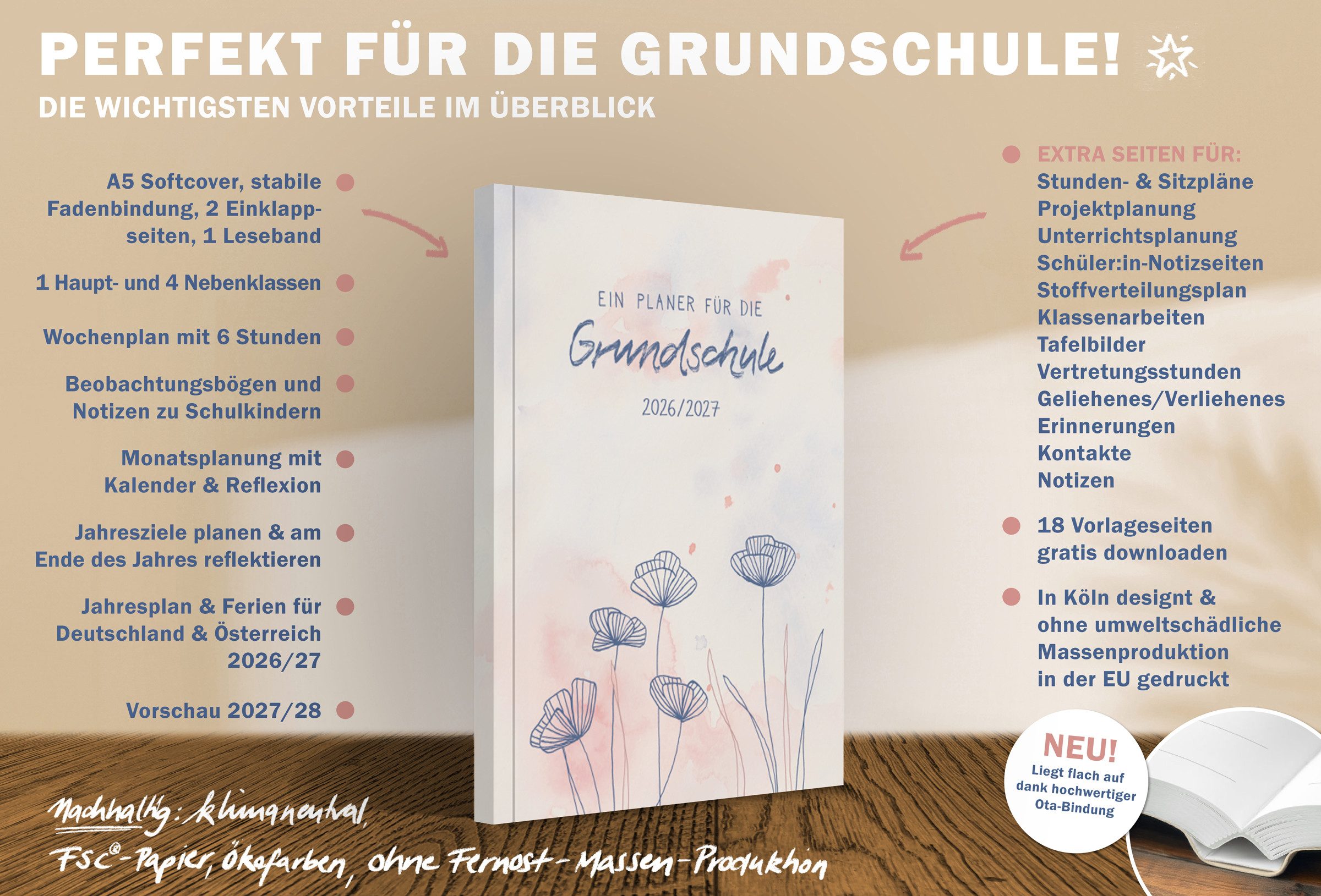 Eine der Guten Verlag Lehrerkalender Grundschulplaner 2026 2027 - A5, rosa, 1 Doppelseite / Woche, Schuljahr 26/27, 216 S. Softcover, klimaneutral