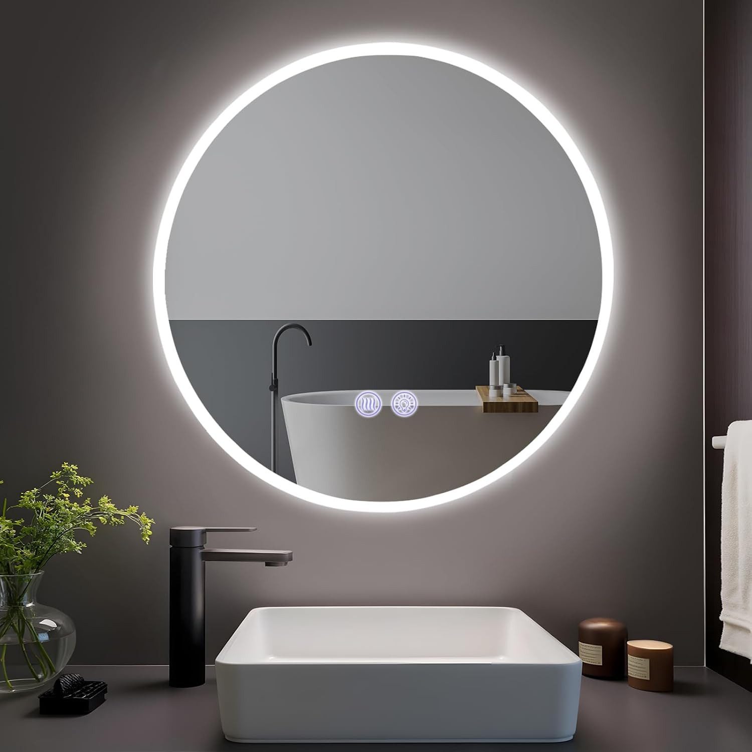 Nettlife Badspiegel spiegel Beleuchtung Rund 50/60/70/80cm Entfogger Funktion, zimmerspiegel mit Touch-Schalter und Entfogger-Funktion