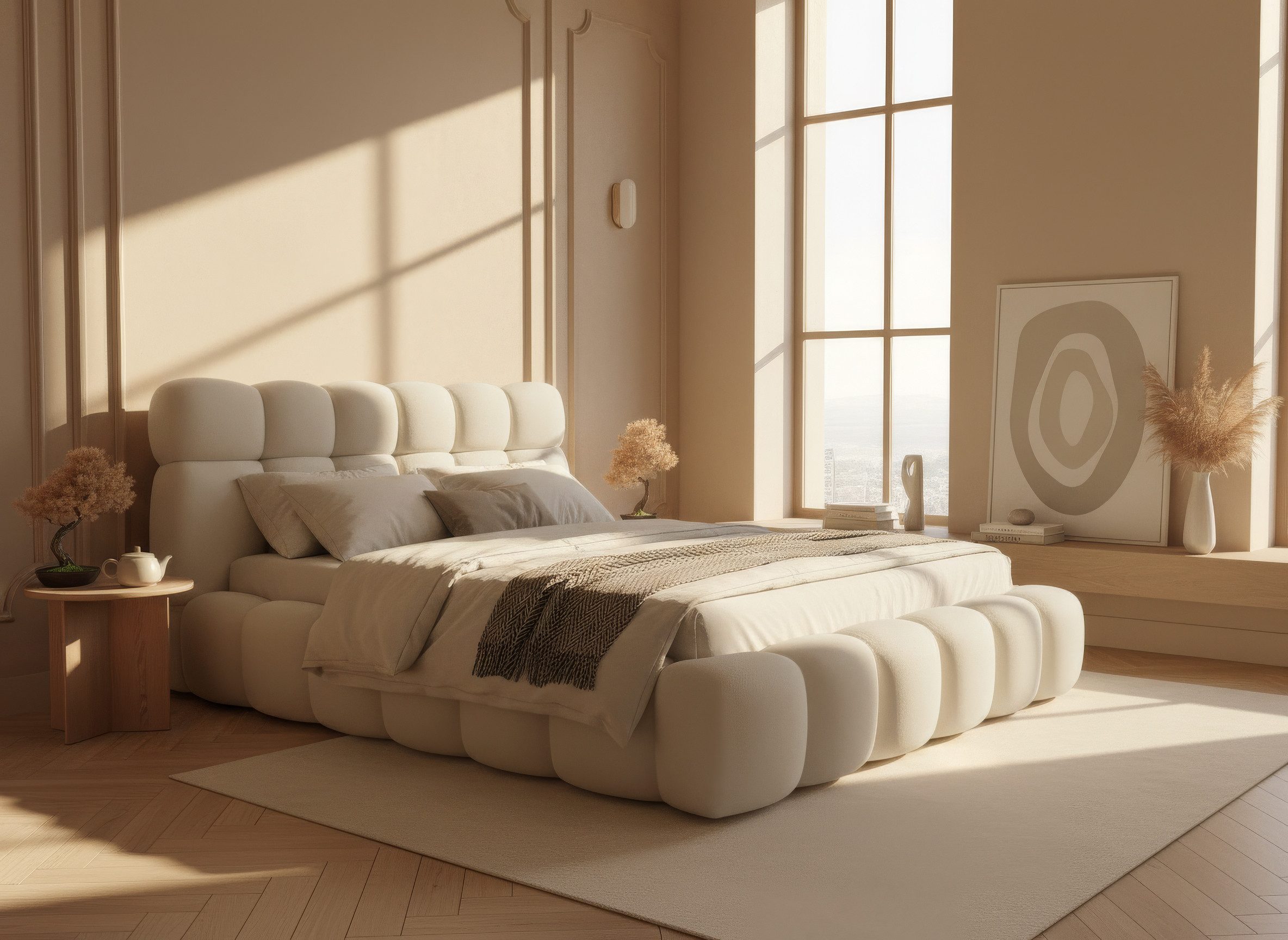 thematys Polsterbett mit Bettkasten, CLOUD 140x200 160x200 180x200 200x200cm (Kopfteil im Oversize-Look und Stauraum – weich, modern und pflegeleicht), hochwertiger Davis-Stoff in Grafit, Grau, Weiß, Beige und Kreme