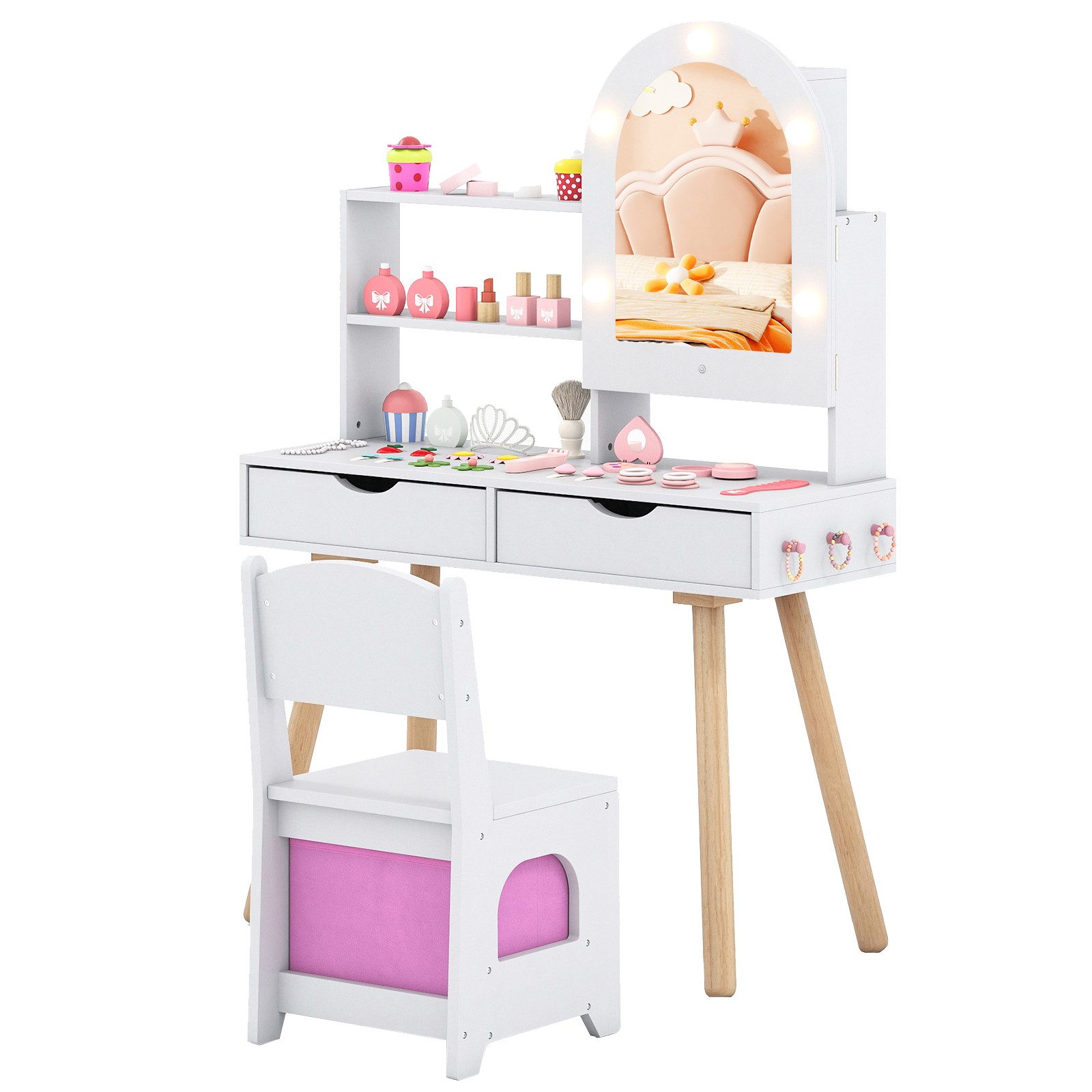 COSTWAY Schminktisch, Kinderschminktisch-Set mit Spiegel mit 3-Farbbeleucht günstig online kaufen