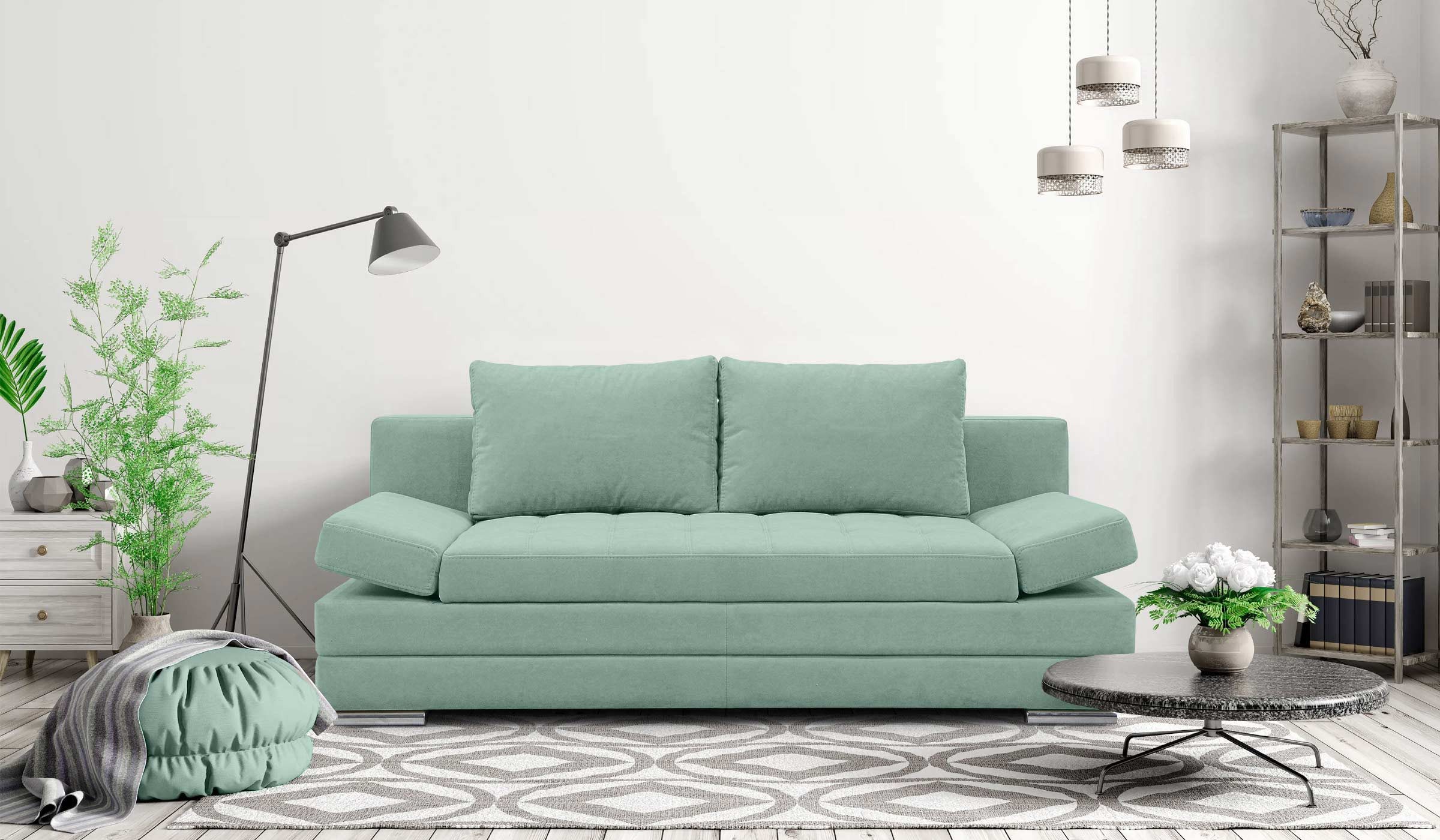 Hygger Möbelhaus Schlafsofa Barni Sofa mit Bettfunktion und Bettkasten, Inkl. Armteilverstellung, Langlebiger Sitzkomfort dank Wellenunterfederung und Federkern., Kostenlose Lieferung & Montage in ganz Deutschland.