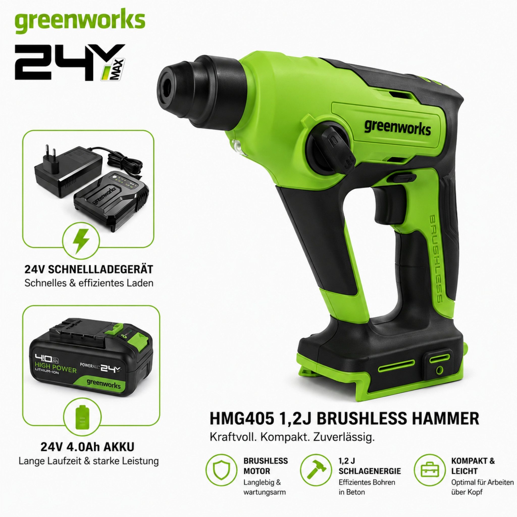 Greenworks Akku-Bohrhammer Akku-Bohrhammer 24V SDS+ bürstenloser Motor 4.0 Ah 1,2J Schlagenergie, Bohrhammer mit Schnellladegerät für Beton Stein Holz 3 Jahre Garantie