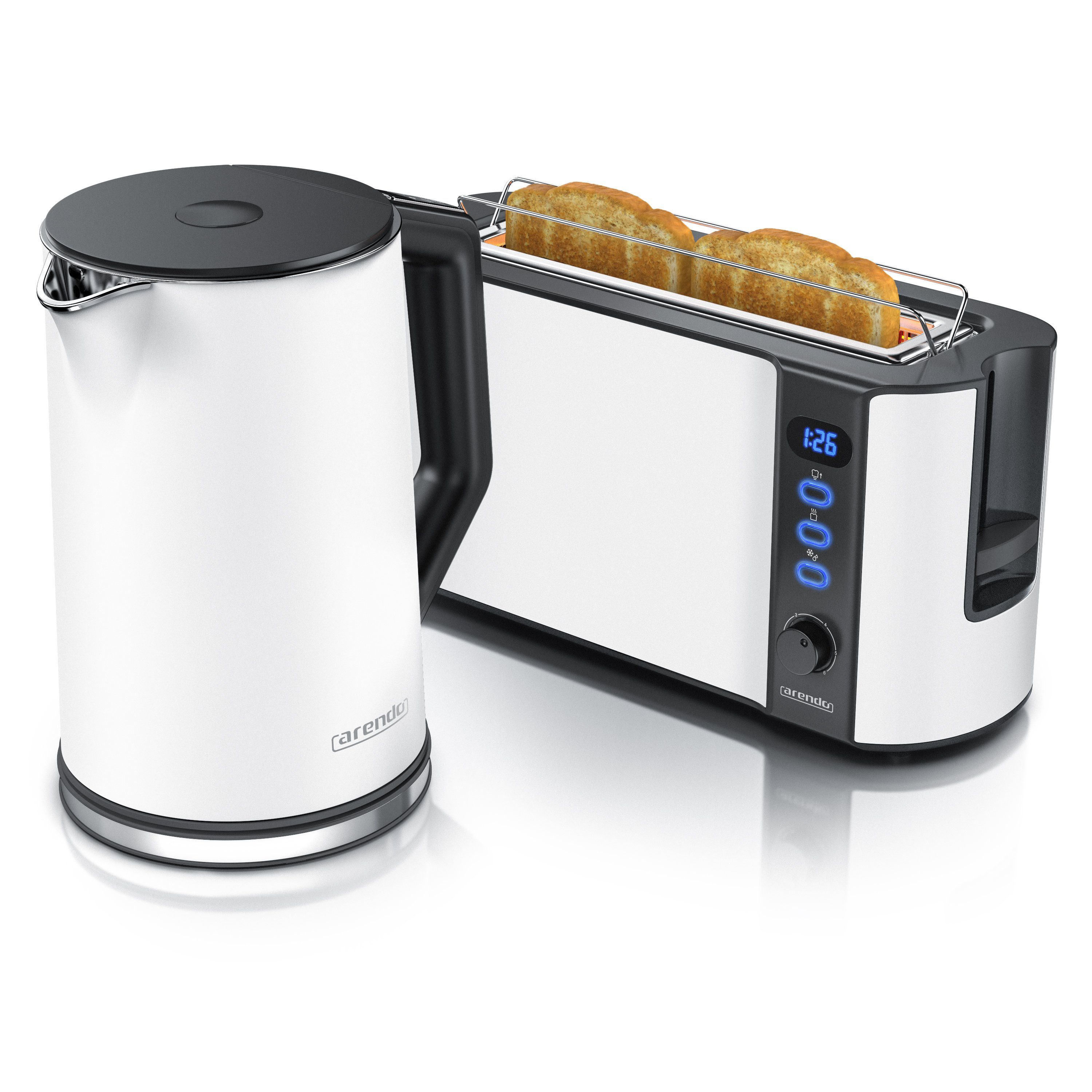 Arendo Frühstücks-Set Wasserkocher 1,5l & 2-Scheiben Langschlitz Toaster, Edelstahl, Weiß (2-tlg), Wasserkocher mit Temperaturwahl, Toaster mit Brötchenaufsatz