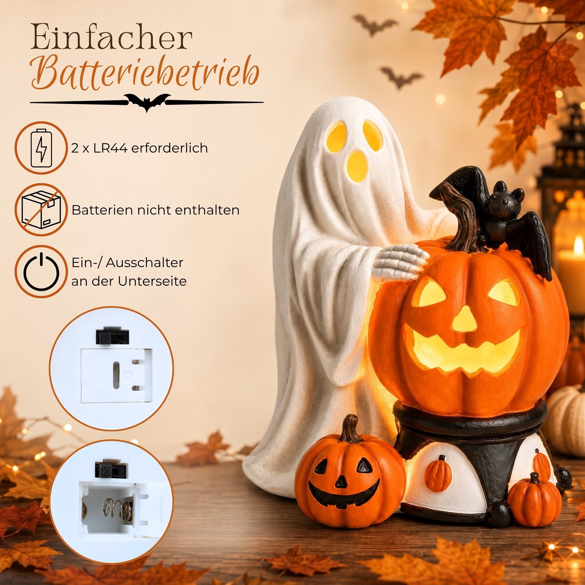 matches21 HOME & HOBBY Dekolicht LED Halloween Dekofigur in 14x15x10 cm - Geist mit Kürbis aus Poly, LED, Warmweiß, LED-Geist - Polyesin - 2×LR44 - kein Timer – Bild 3 von 5