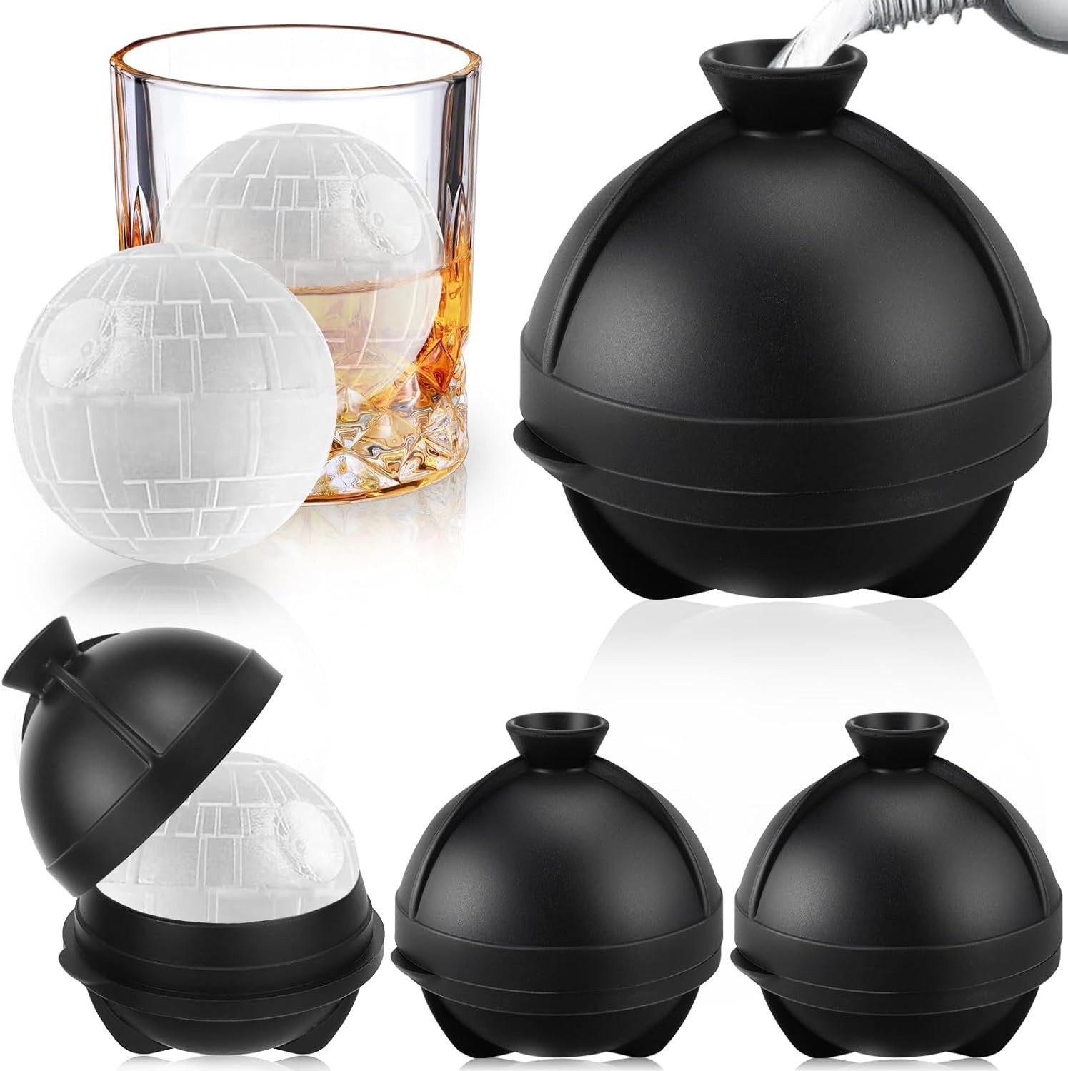 BlingBin Eiswürfelform Kugel Silikon Set, 4 XXL Groß Eiskugelform mit Deckel & Trichter, (4 Stück/Set 4-tlg), Eiswürfel Form Eiswürfelbehälter für Bier Cocktail Whisky Wein
