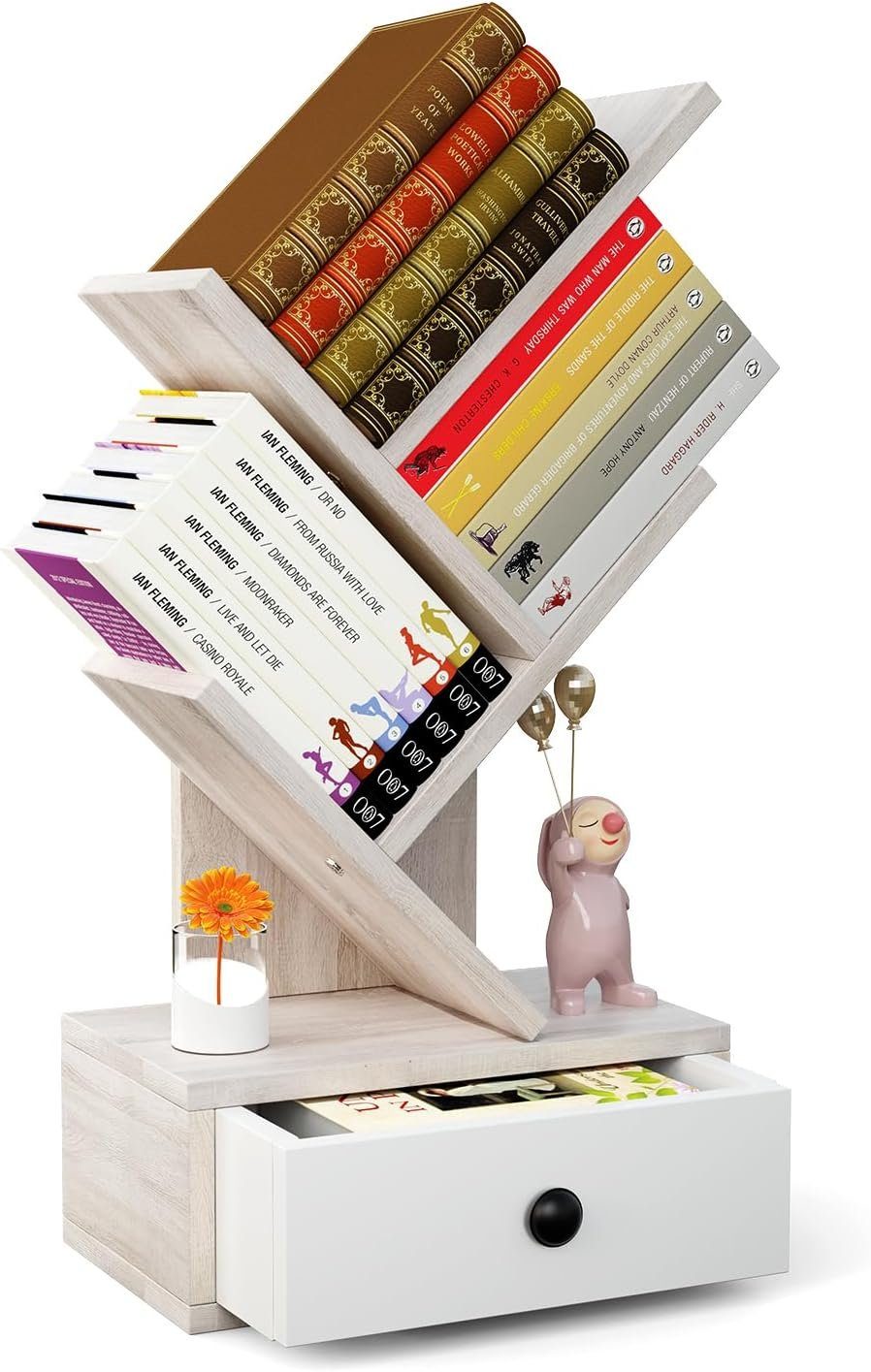 KOMFOTTEU Bücherregal in Baumform, mit Schublade, 30 x 17,5 x 60cm beige