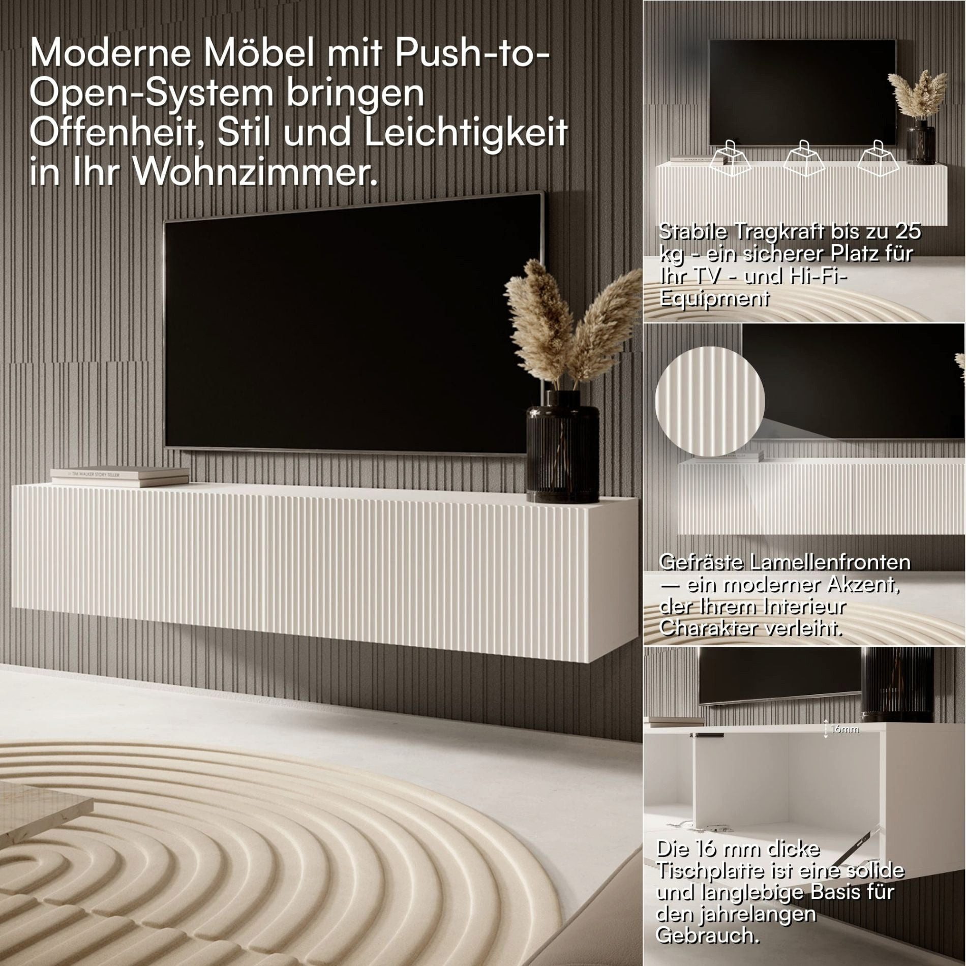 Selsey TV-Schrank VELDIO Kompaktes Hängeboard geriffelt, Push-to-Open, 140x30 cm, Matt – Bild 5 von 5