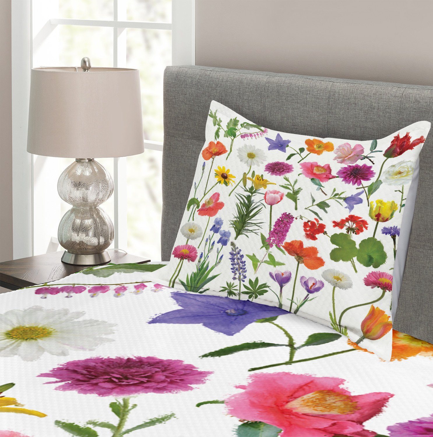 mit Kissenbezügen Blume Tagesdecke Farbige Tulpen Rosen Waschbar, Abakuhaus, Set