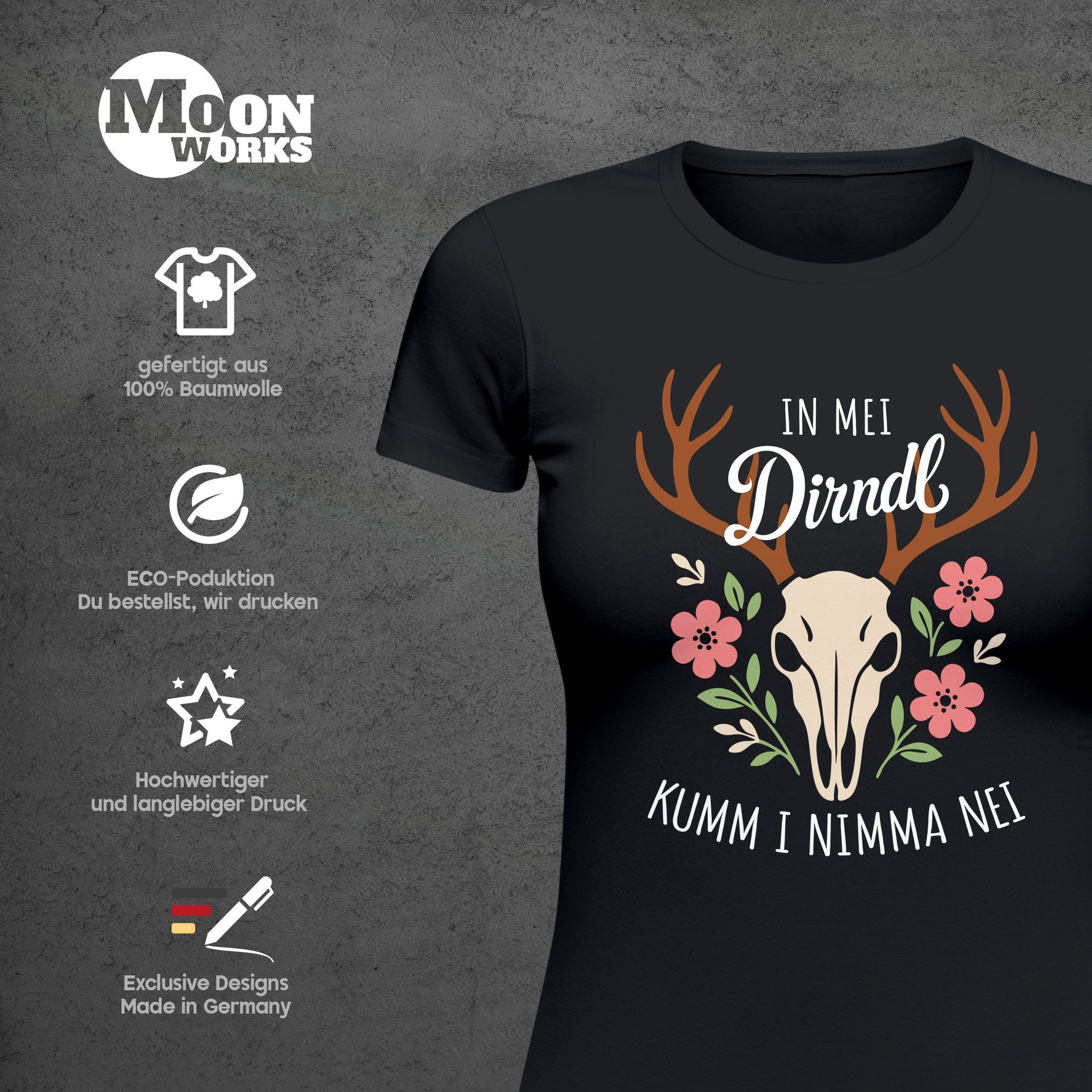 MoonWorks Print-Shirt Damen T-Shirt für das Oktoberfest Hirsch mit Blumenkranz Fun-Shirt mit Print