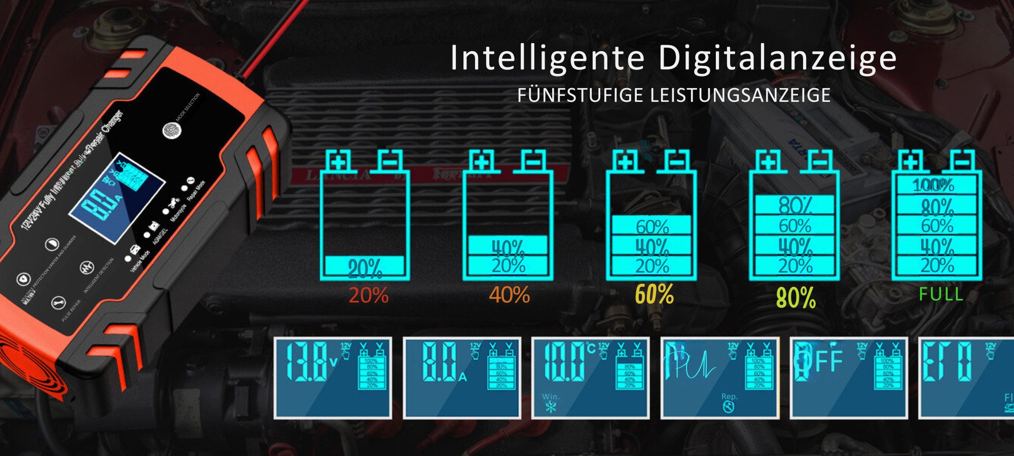 Vivitar Autobatterie-Ladegerät 12V/24V 8A mit LED-Anzeige sicher universell Autobatterie-Ladegerät (für auto, Motorrad, Rasenmäher oder Boot mit intelligenten Funktionen, Intelligentes Wartungsladegerät, vollautomatisches Ladegerät)