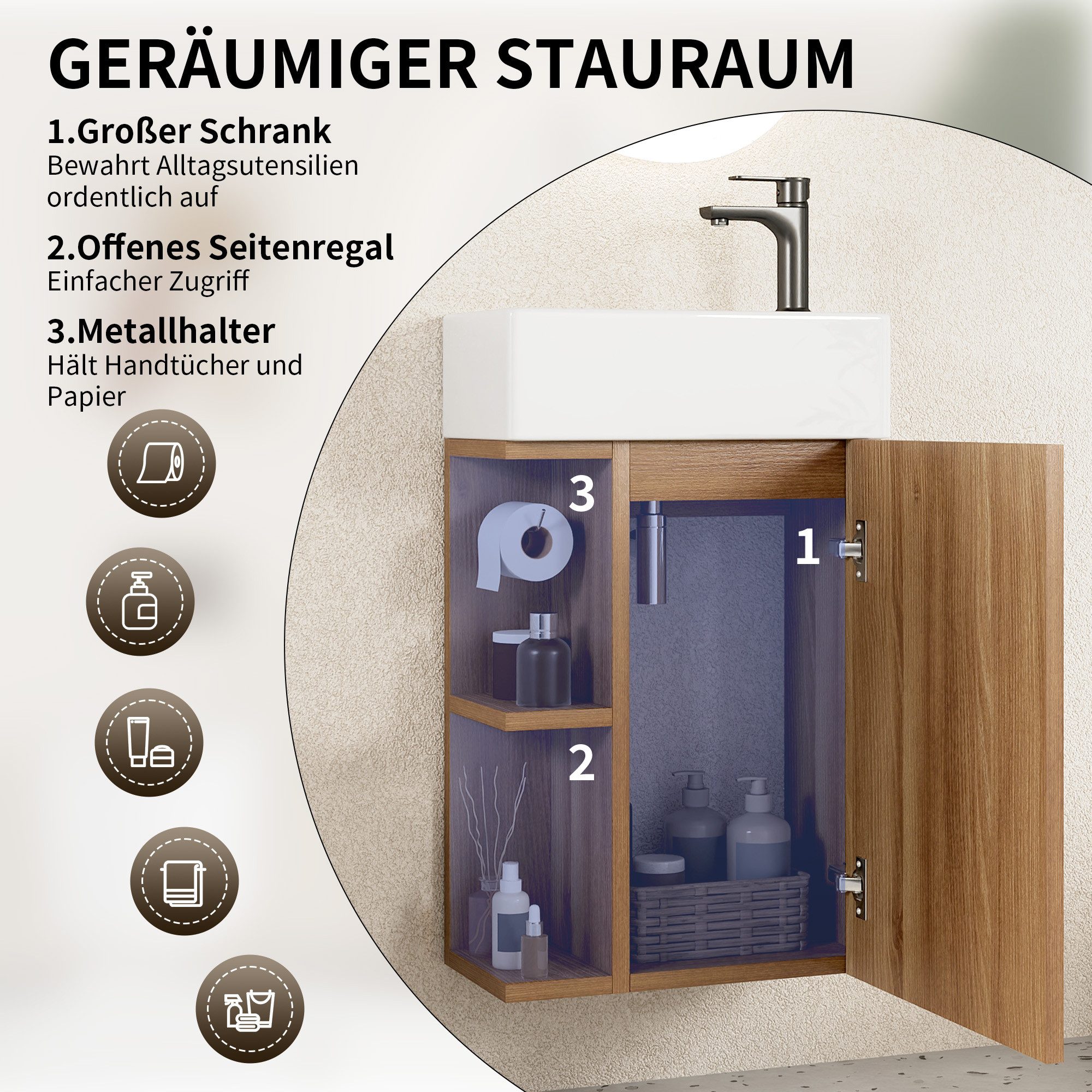 DeerValley Badmöbel-Set Waschbecken Mit Unterschrank Hängend Badmöbel set 41.5x68x23 cm, (Set, Eiche Artisan Waschtisch für Badezimmer), Fireclay-Becken mit off – Bild 3 von 5