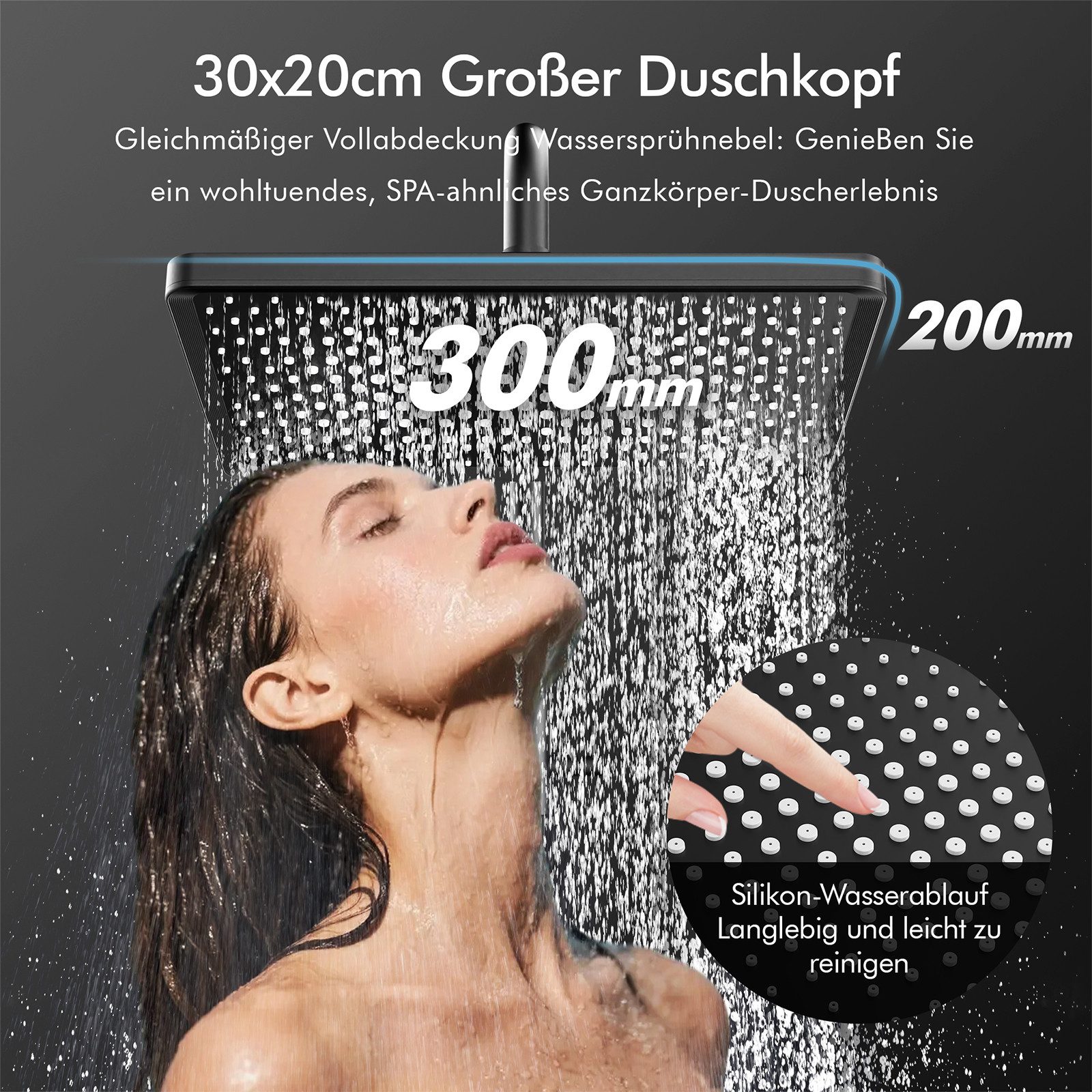 HOMELODY Duschsystem Thermostat Duschsystem Schwarz 30×20 cm mit Glasablage, 2 Strahlart(en), Regendusche, 3-Funktions Handbrause, 400 mm Ablage,G1/2 – Bild 5 von 5