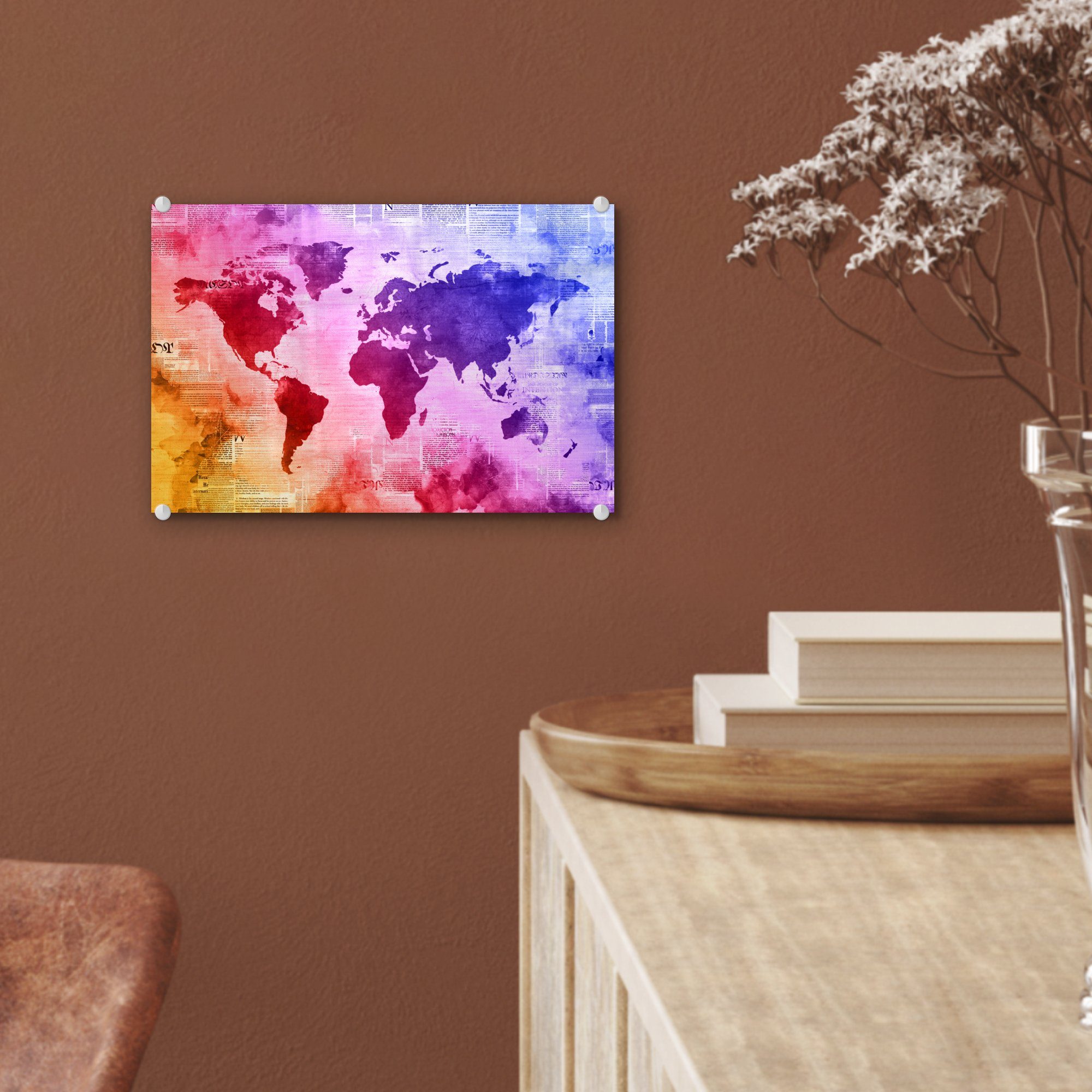 - auf Glasbilder - Foto Acrylglasbild Aquarell auf - Wandbild - Wanddekoration MuchoWow Glas Glas Regenbogen, St), - Weltkarte (1 Bilder