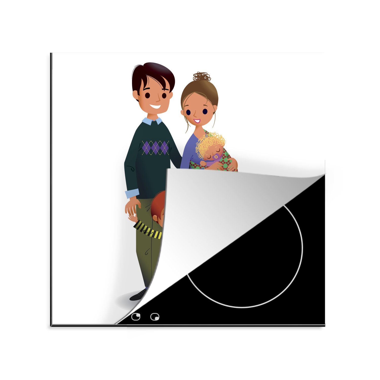 MuchoWow Herdblende-/Abdeckplatte Illustration einer Familie mit Kindern vor einem weißen Hintergrund, Vinyl, (1 tlg), 78x78 cm, Ceranfeldabdeckung, Arbeitsplatte für küche