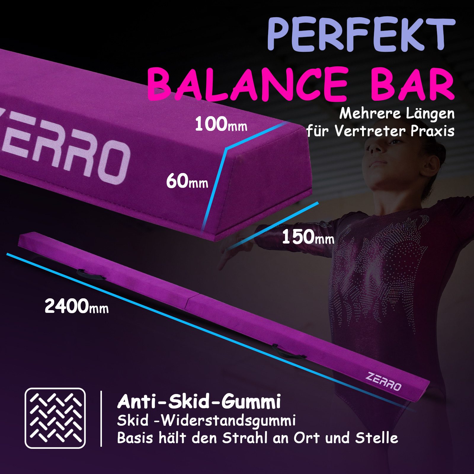 CCLIFE Balancetrainer Schwebebalken für Zuhause Kinder 240/270cm Balken Turnen, Grün, Lila