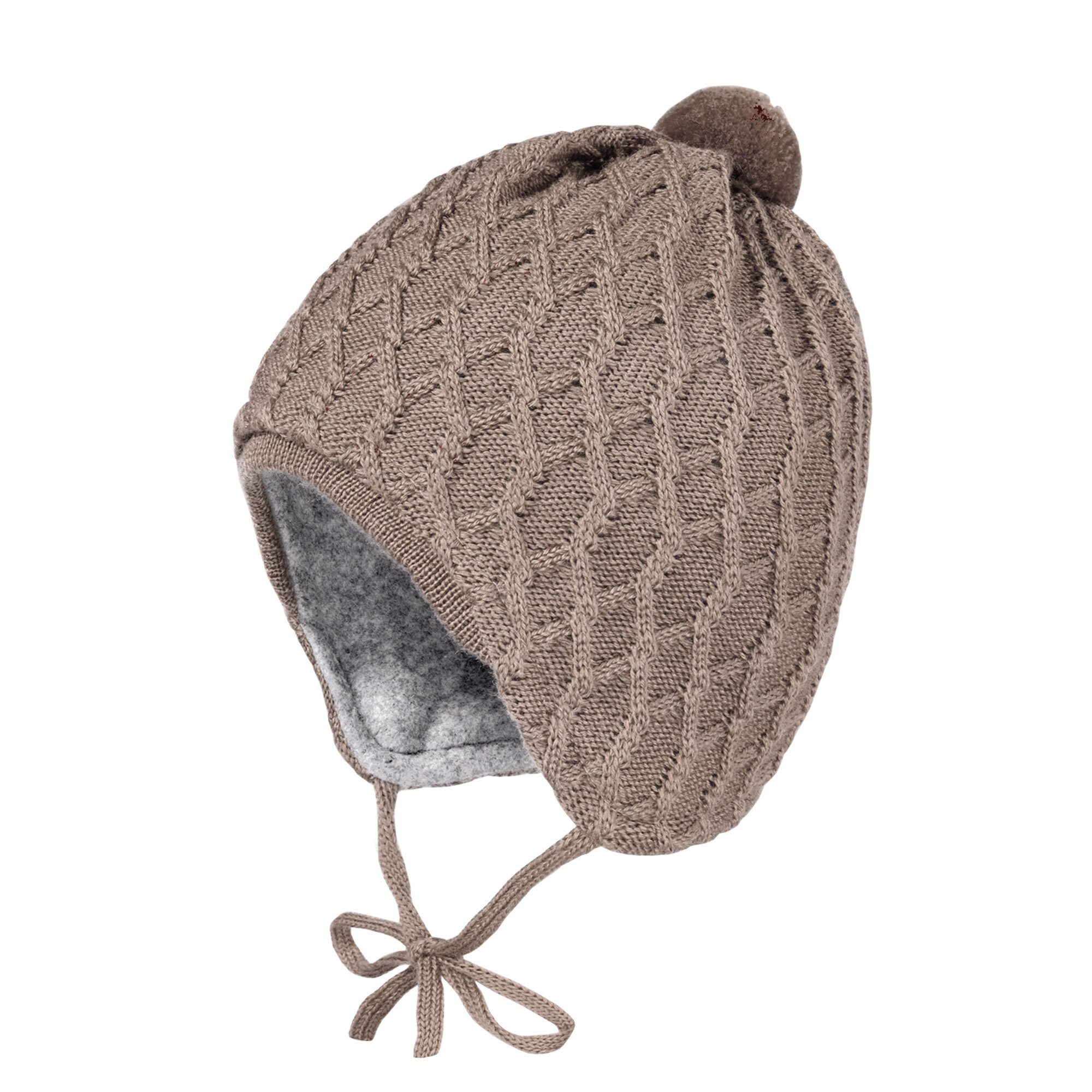 MAXIMO Strickmütze BABY-Mütze, Zopfstruktur, Band ausgenäht, Blende, Pompon (1-St) Merinowolle