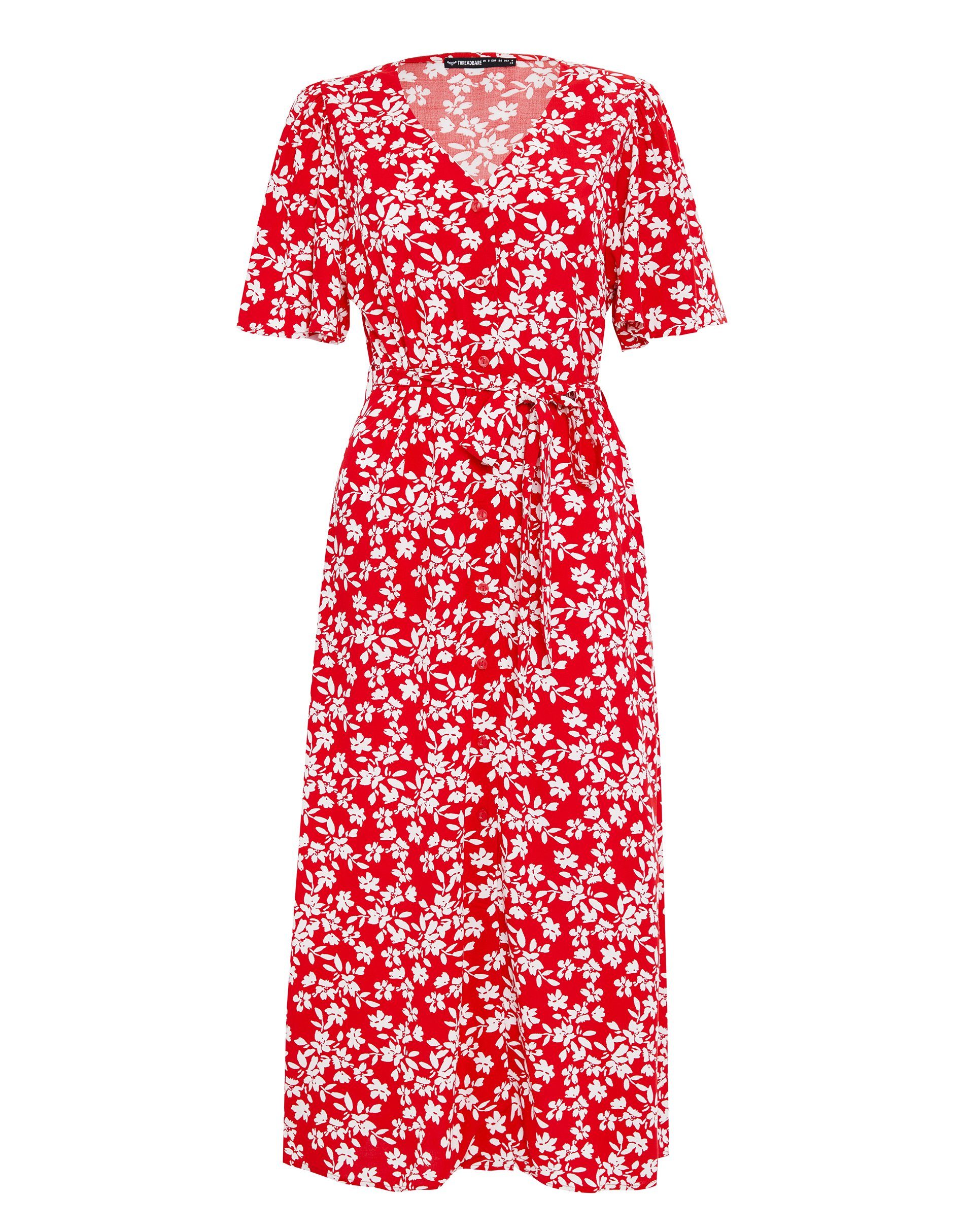 Button gepunktet Dress - rot Midi Threadbare Sommerkleid Red Pastill THB Spot Fruit
