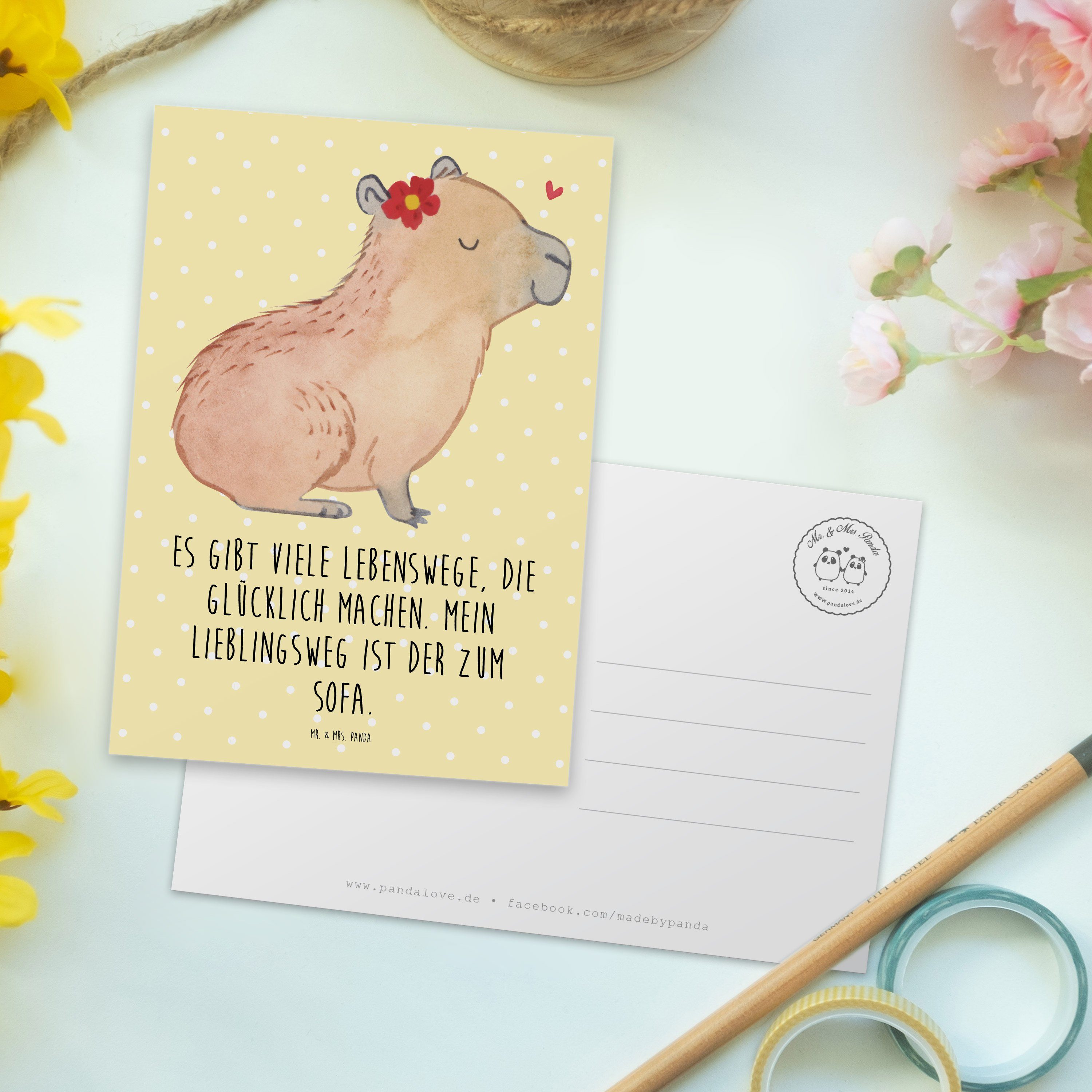 Geschenk, Panda Capybara Pastell Laune, Postkarte - Gelb Blume & Mr. lus Gute - Mrs. Tiermotive,