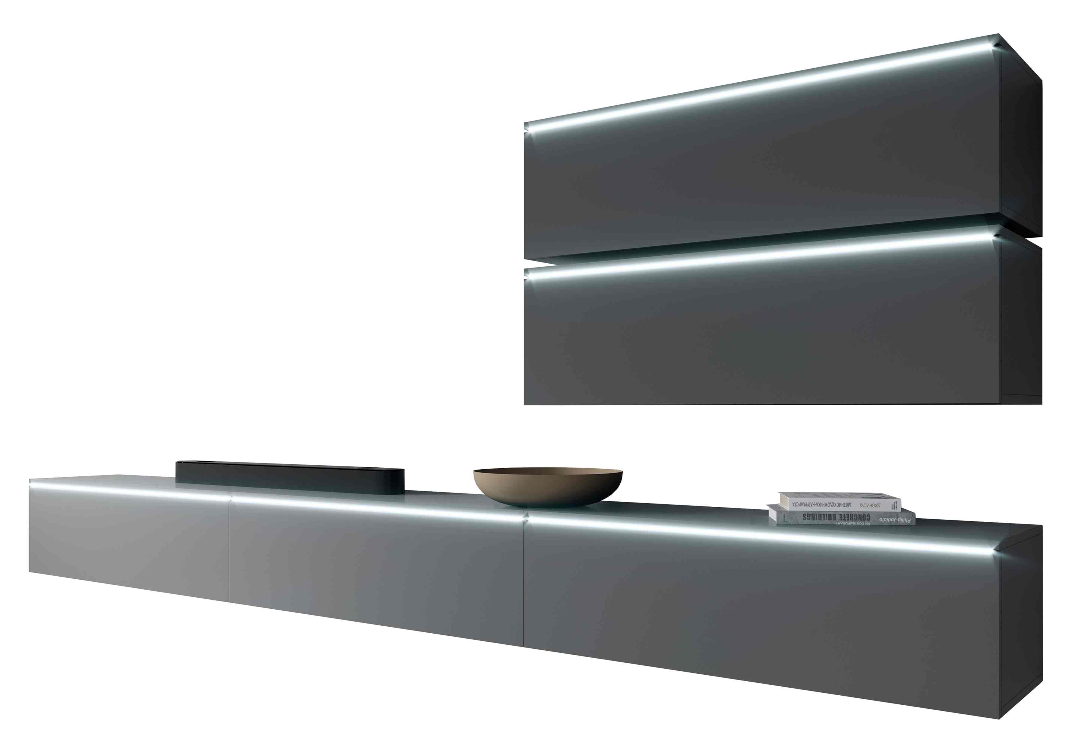 TV-Schrank Furnix Möbelwand 300 Regal, Mediawand 3x ohne cm viel LED mit Anthrazit BARGO 2x Breite Stauraum, V