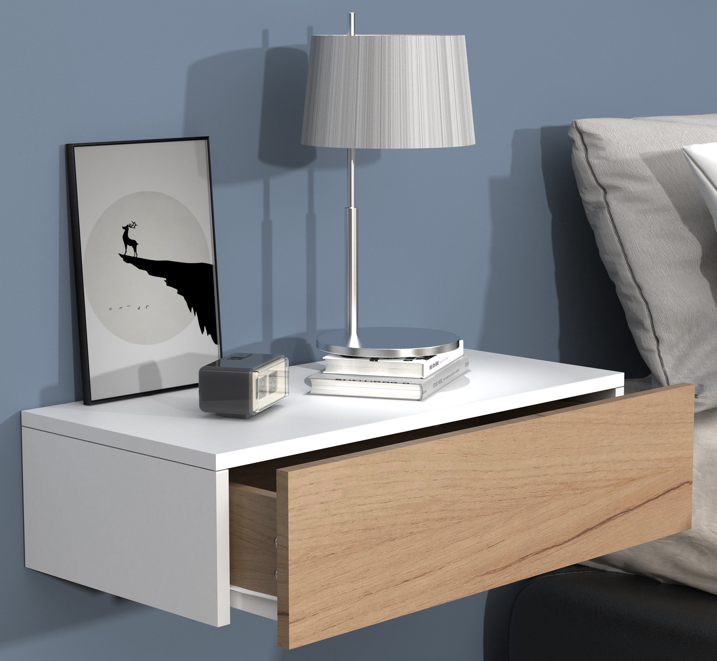 VCM Nachttisch Nachtkonsole Usal H. 15 x B. 60 x T. 30 cm, Nachtschrank, Wandschublade, Wandboard, Nachtkommode, Beistelltisch