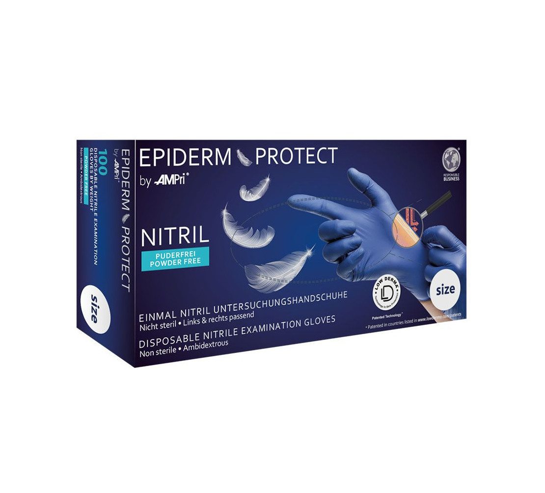 AMPri Nitril-Handschuhe EpidermProtect Nitril U.-Handschuhe Gr. XS/S/M/L/XL 100 Stk (Einmalhandschuhe, 100-St., Angeraute Fingerspitzen für verbesserten Griff und rutschfesten Halt) unsteril puderfrei