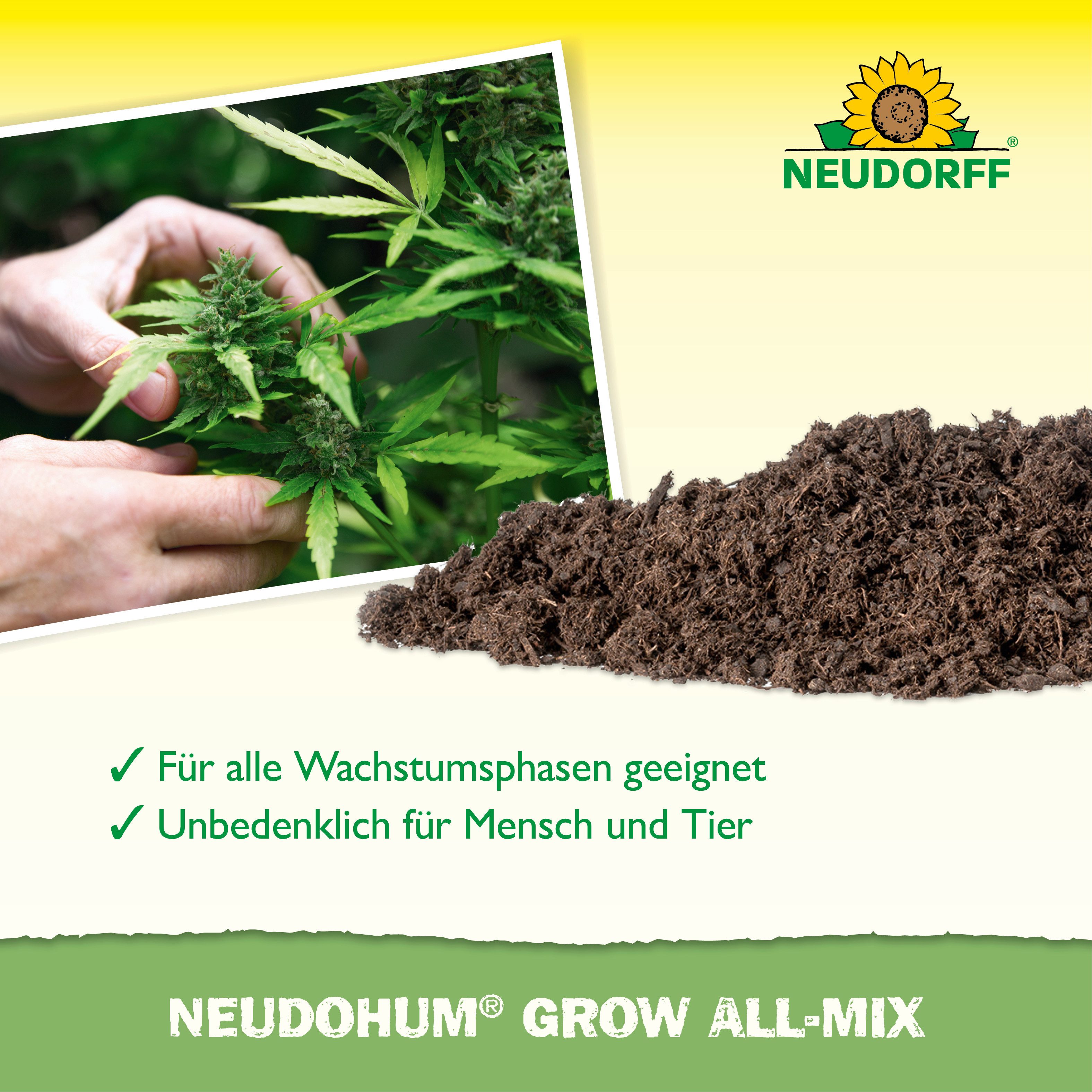 Neudorff Blumenerde NeudoHum Grow Erde All-Mix 20 L, mit Organisch vorgedüngtes Kultursubstrat, (Gebrauchsfertiges Kultursubstrat für Cannabis-Sorten, Organisch – Bild 4 von 5