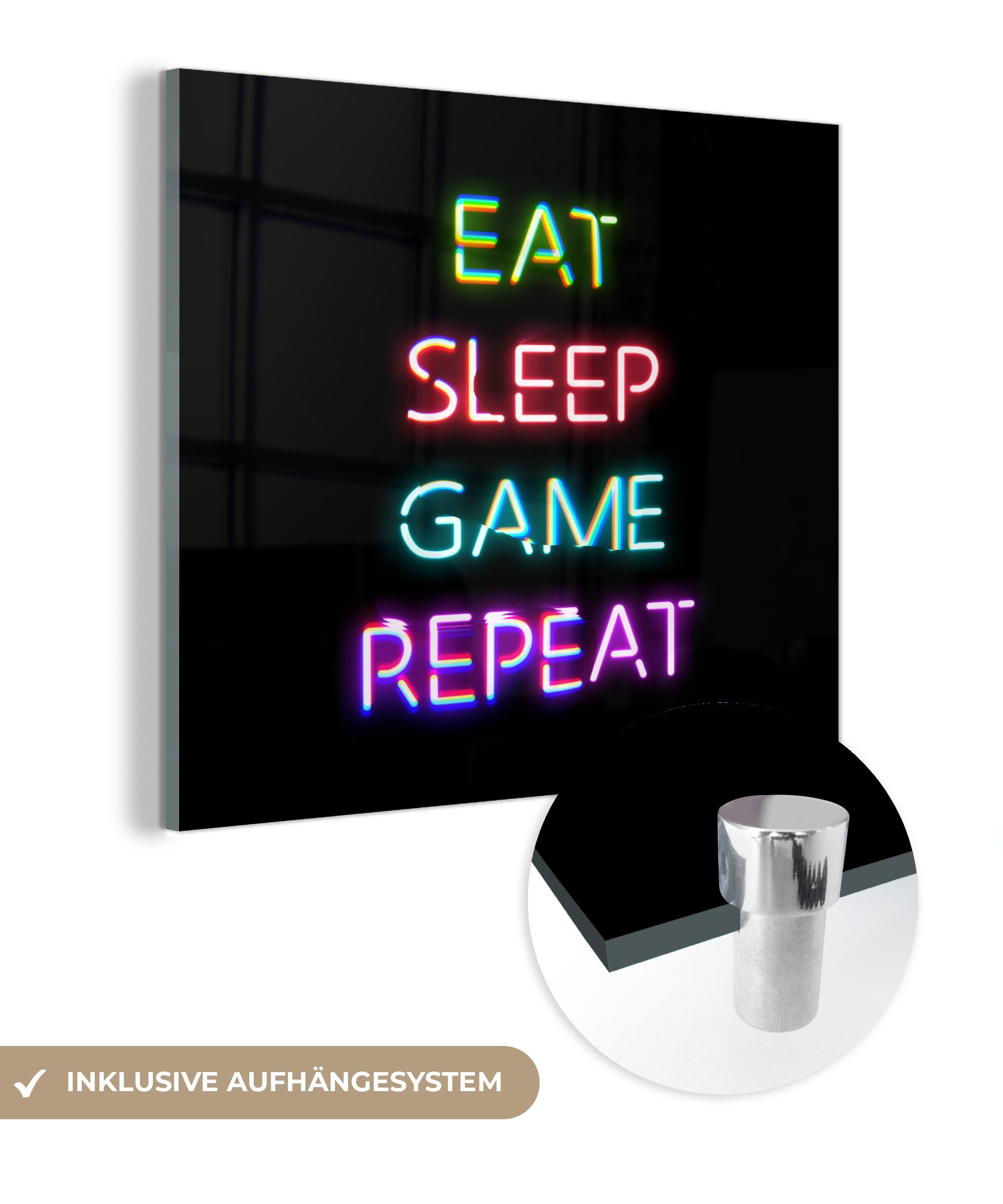 MuchoWow Acrylglasbild Gaming - Led - Zitat - Eat sleep game repeat - Gaming, (1 St), Glasbilder - Bilder auf Glas Wandbild - Foto auf Glas - Wanddekoration