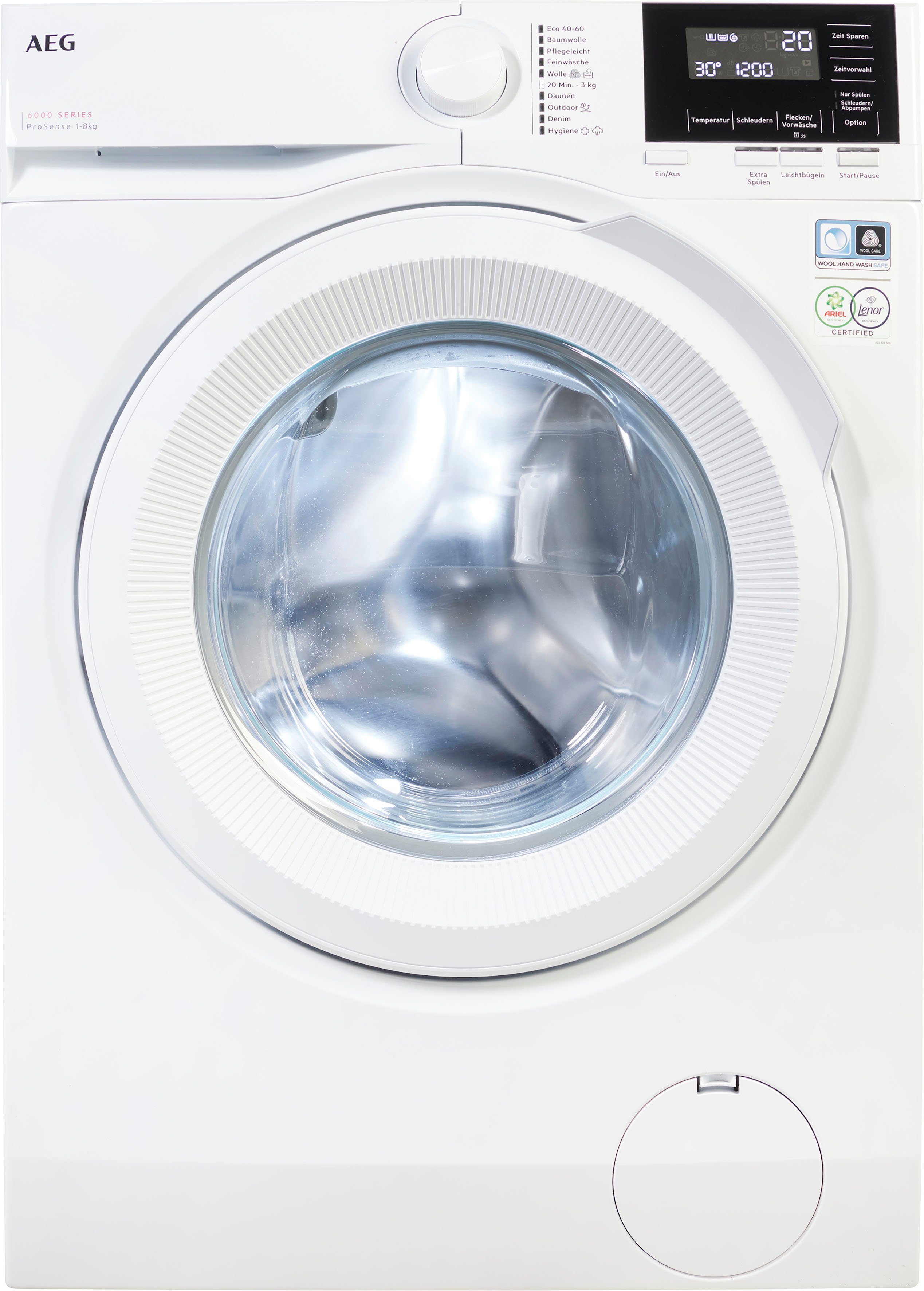 U/min, ProSense® - Wasser und spart Zeit, 1400 bis 6000 Mengenautomatik​ Energie AEG Waschmaschine kg, LR6A648, 40% 8